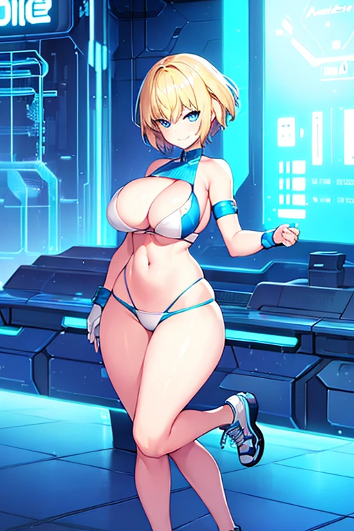 1girl, blonde hair, short hair, very short hair, blue eyes, shoes, sneakers, science-fiction, tech, futuristic, neon, machinery, neon trim, bikini, white bikini, blue neon trim, blue trim, large breasts, breasts, thick thighs, wide hips, smirk, smug, smile,