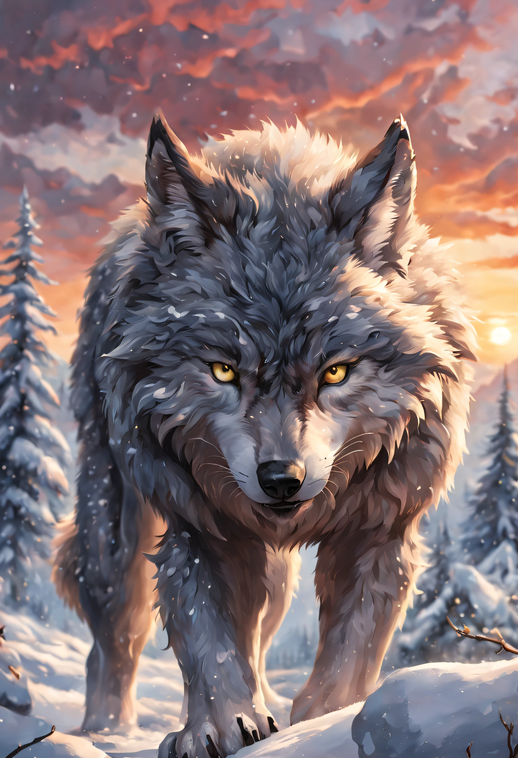 in a snowy, beautiful and detailed landscape a  realistic wolf man with sharpened and textured claws tears through the clouds that prevent him from seeing a magnificent sunset