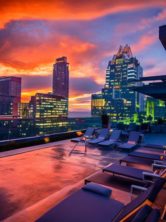 sunset view of a rooftop pool with lounge chairs and the city skyline, vista do horizonte de um telhado, telhado da cidade, paradise in the background, at sunset, rooftop romantic, festa na cobertura, Telhado, Sunset view, postprocessed, Perfectly detailed, Directed by: Jason Benjamin, infinity concentric pool, piscina de borda infinita, vista deslumbrante, por Austin English, As the sun sets on the horizon