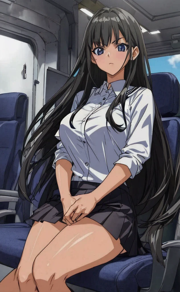 A beautiful woman with long black hair, big breasts, and beautiful legs in a white dress-style miniskirt sits on a train seat with her legs spread wide, wearing pale light blue and blue striped panties.々I'm glaring at a middle-aged office worker.。