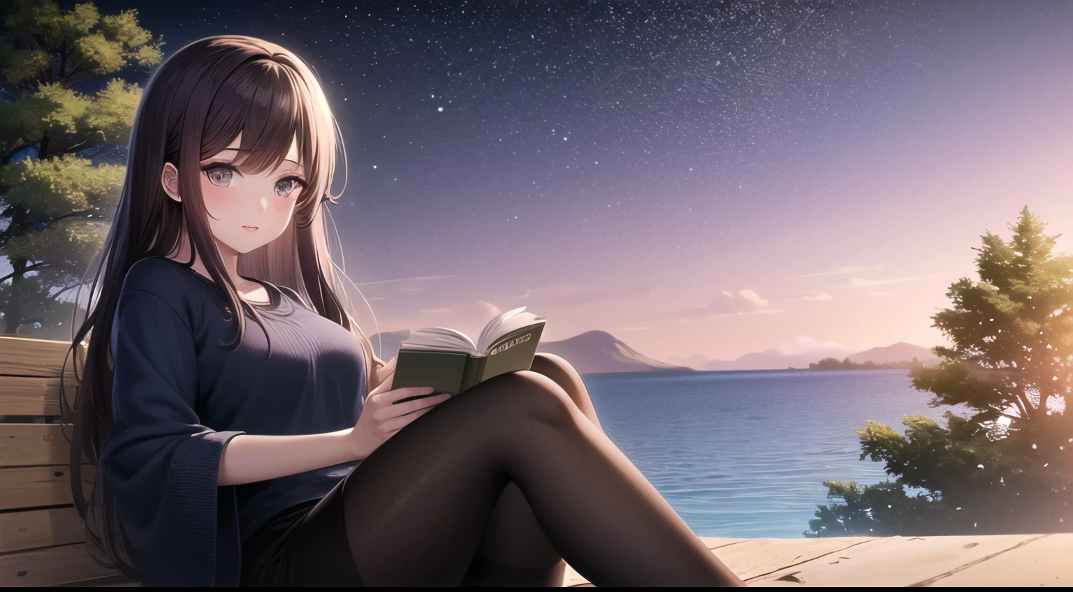 Girl reads a book by the lake, cores brilhantes, primavera, ramos de salgueiro, confortar, noite escura