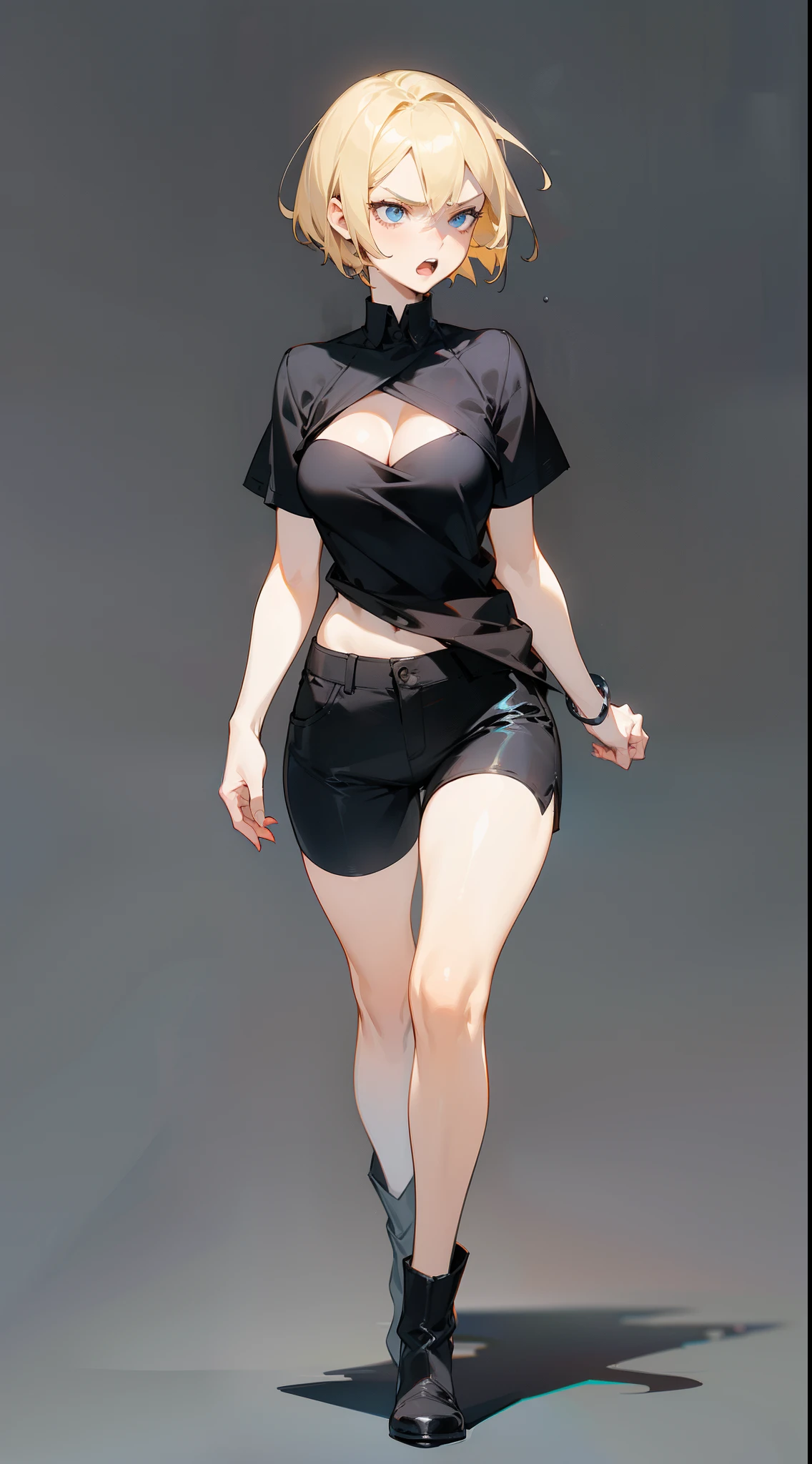 1girl,20s,(mature female),short hair, blonde hair,blue eyes, ((serious face)),medium breasts,cleavage,black shirt,black shorts,short sleeves,walking,open mouth,talking,(((no background)),looking away,full body