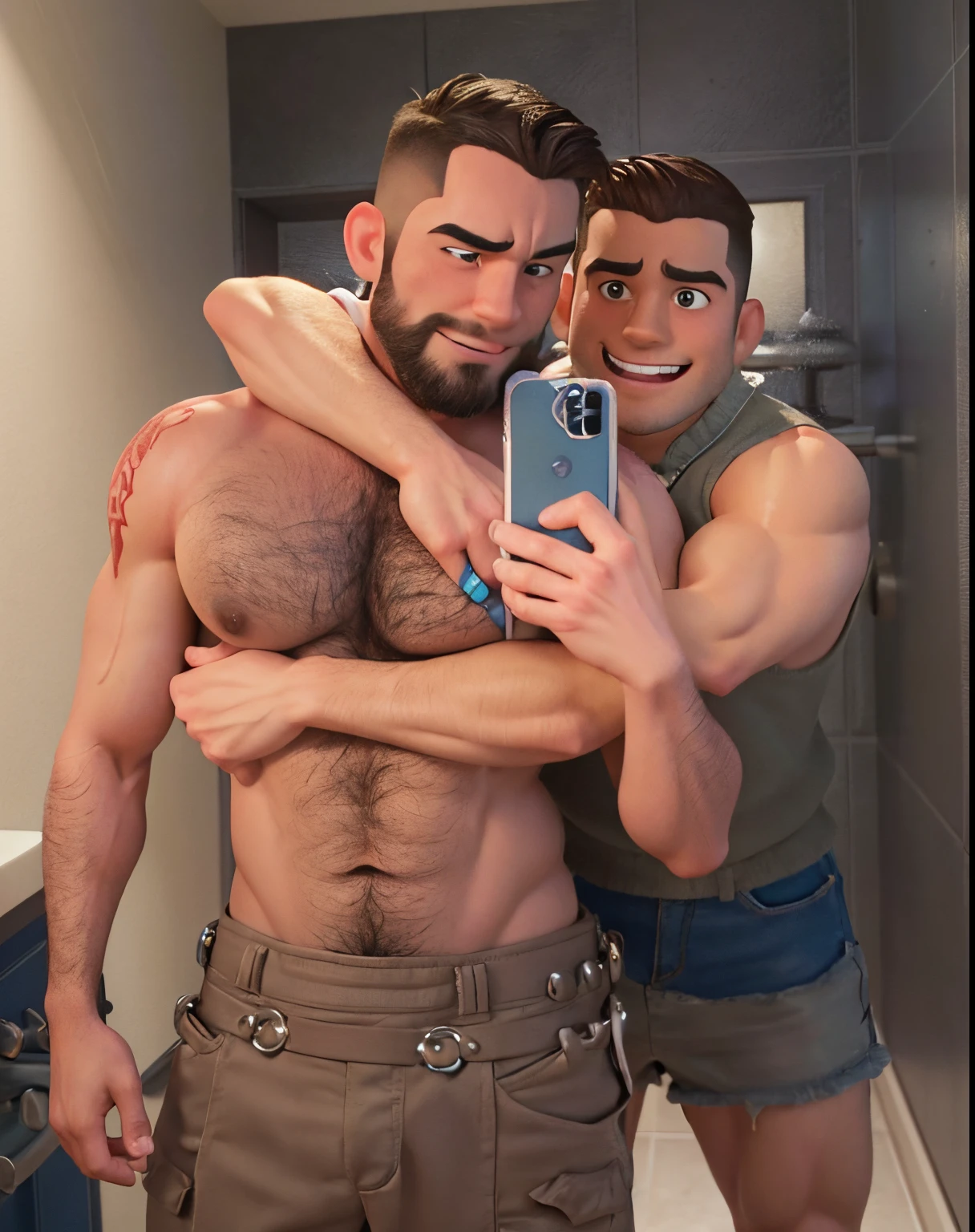 Disney Pixar 3d there are two men that are taking a selfie in the bathroom, muscular men entwined together, two muscular men entwined, gay, by Robbie Trevino, mars ravelo and greg rutkowski, two men hugging, (sfw) safe for work, vacation photo, heavy vignette!, very heavy vignette!!!, two male, hairy bodies