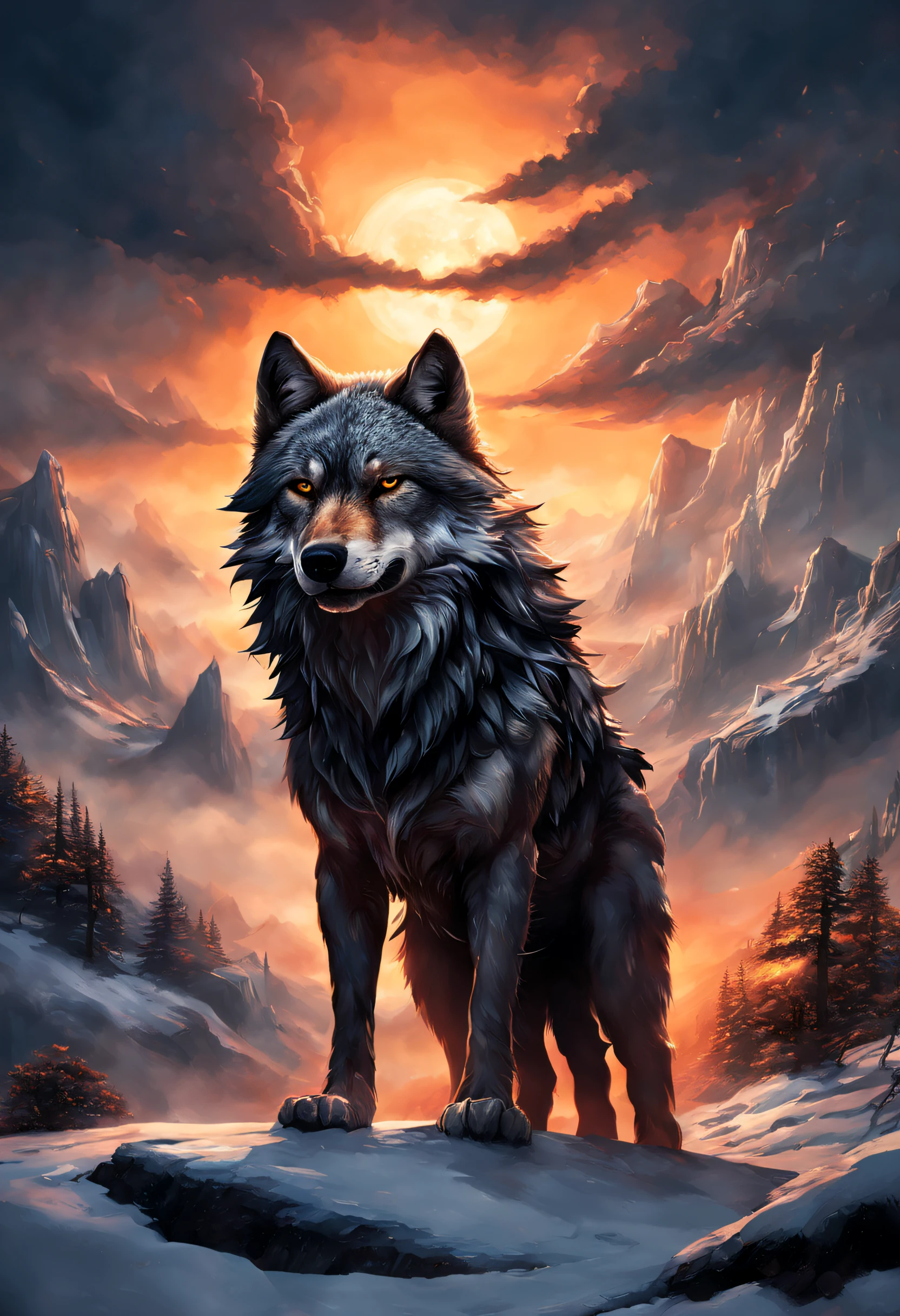 A painting of a wolf standing on top of a snow covered mountain - SeaArt AI