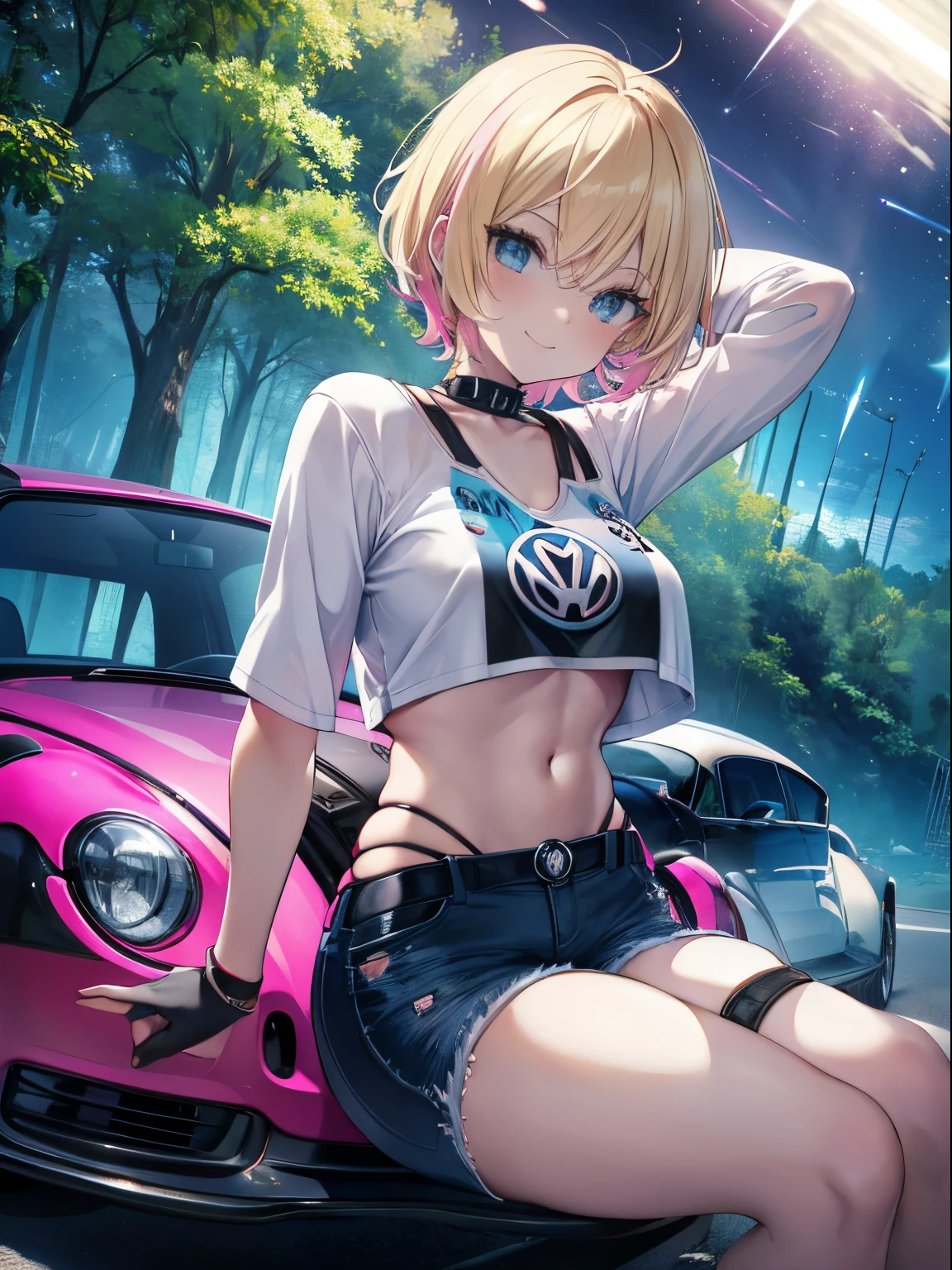 1 beauty, (Light Purple Eyeshadow),Platinum Blonde Perm Hair、(broad shoulders:1.4)、(Smaller face)、(pointed breast:1.6)、Model body type:1.2、Sharp eyes、Watery Big Eyes、(A mischievous smile:1.2)、Biker Jacket、 ((Light Gold Bikini Swimsuit:1.4)),(wet and disheveled hair,:1.4)、(Heavy sweat on the face:1.2)、(facefocus:1.4)、(Platinum necklace and large earrings)、gulf coast:1.4、A yellow Volkswagen Beetle is parked facing us、((Leaning on the car:1.4))、Increase the amount of information:1.2、Perfect drawing、(pinup:1.2)
