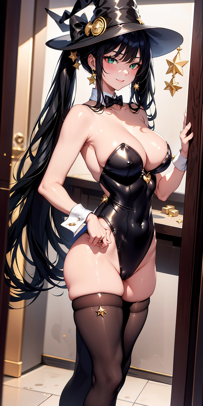 1girl, twintails, long hair, witch hat, pantyhose,gloves, black hair, choker, jewelry, cape, gold trim, blue leotard,earrings, detached sleeves, star (symbol), hat ornament, green eyes, fur collar, parkle print, sorriso sexy, bunny suit white, meias londas de renda, quadril largo, maos nos peitos, apalpando os seios, (alta qualidade, 8k, wallpaper 8k, impeccable quality, ultra detalhado)