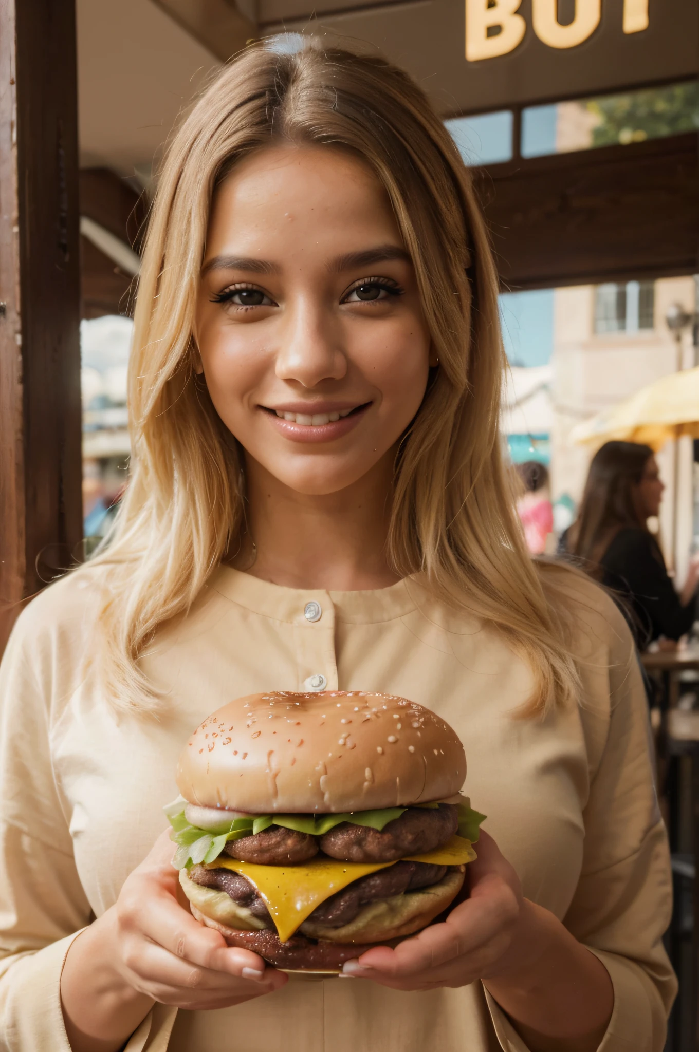 (Feliz:1.1,Beautiful, mulher loira:1.1, Olhos detalhados, Detailed lips:1.1), (realistic burger:1.2) in the hand, sorridente, (4k, Altas, ultra-detalhado) roupa casual