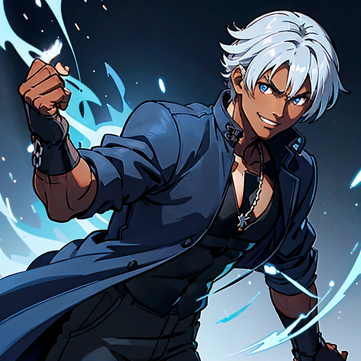 A Dark skinned young anime man, side swept silver hair, fiery light blue eyes, producing blue fire out of his fist, wearing a blue combat trench coat over a black tank top with black slacks and a chain on the hip, steel necklace with a blue dragon pendant around his neck, with sleeves rolled up to his elbows and a cocky smile