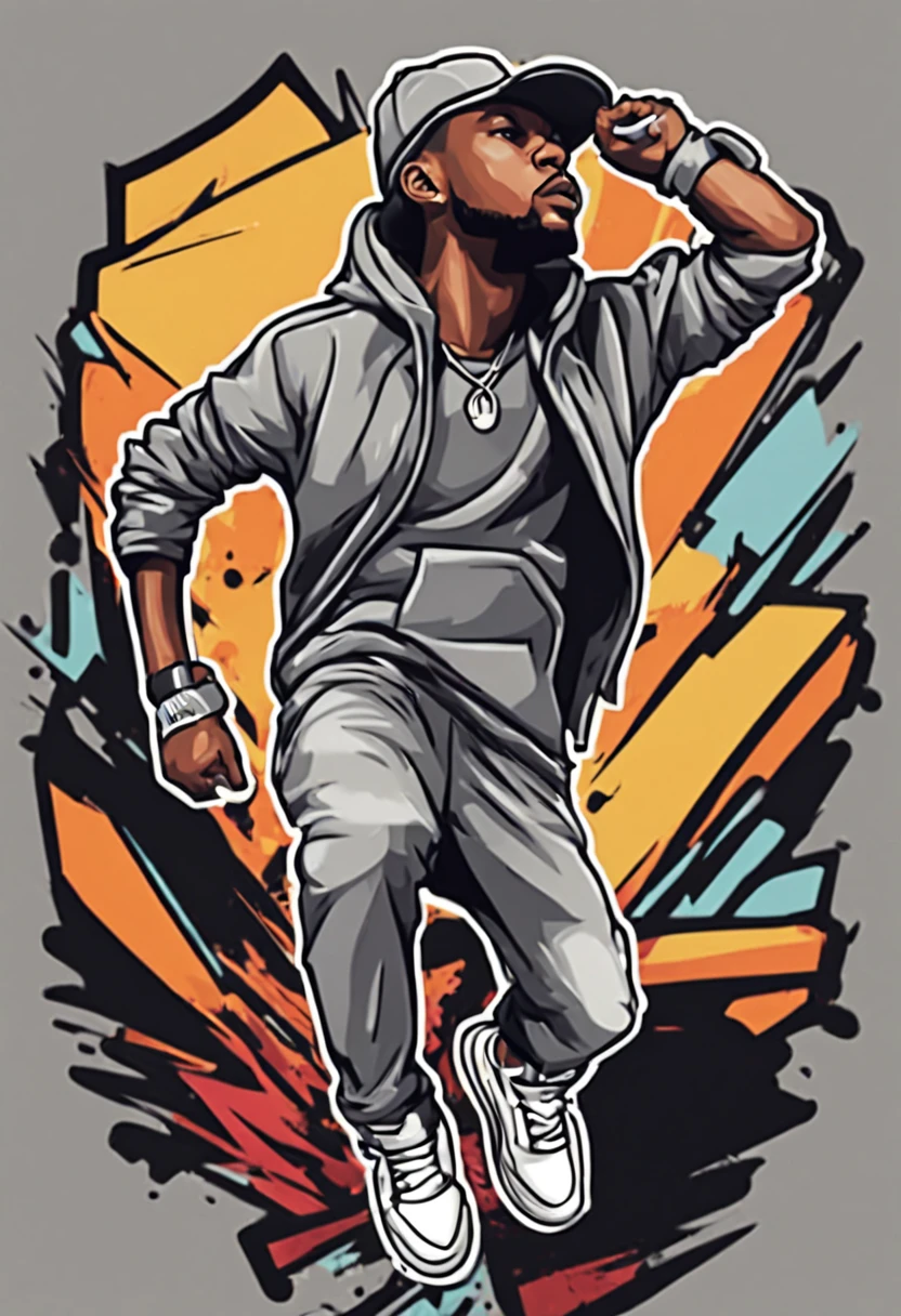 art style sticker for cap print with hip hop dance theme, image centered 1 centimeter from the edges, medium gray color background