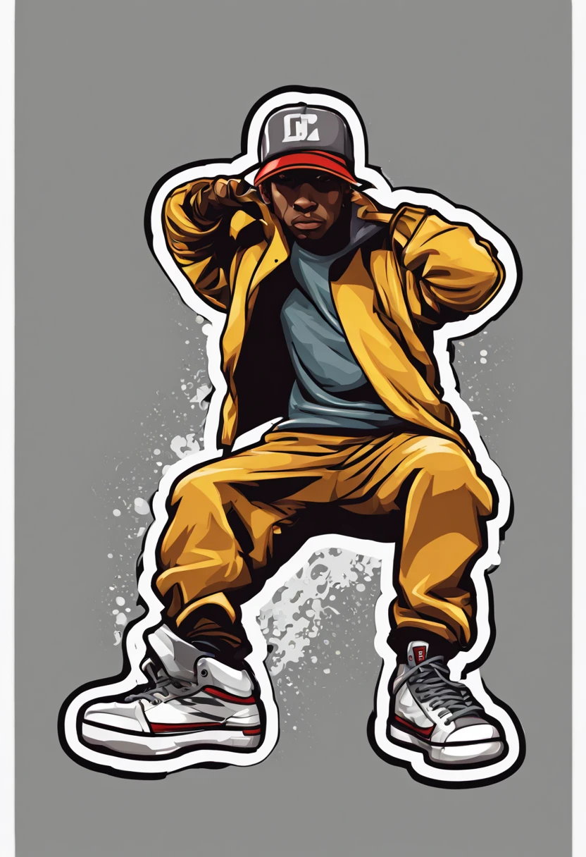 art style sticker for cap print with hip hop dance theme, image centered 1 centimeter from the edges, medium gray color background