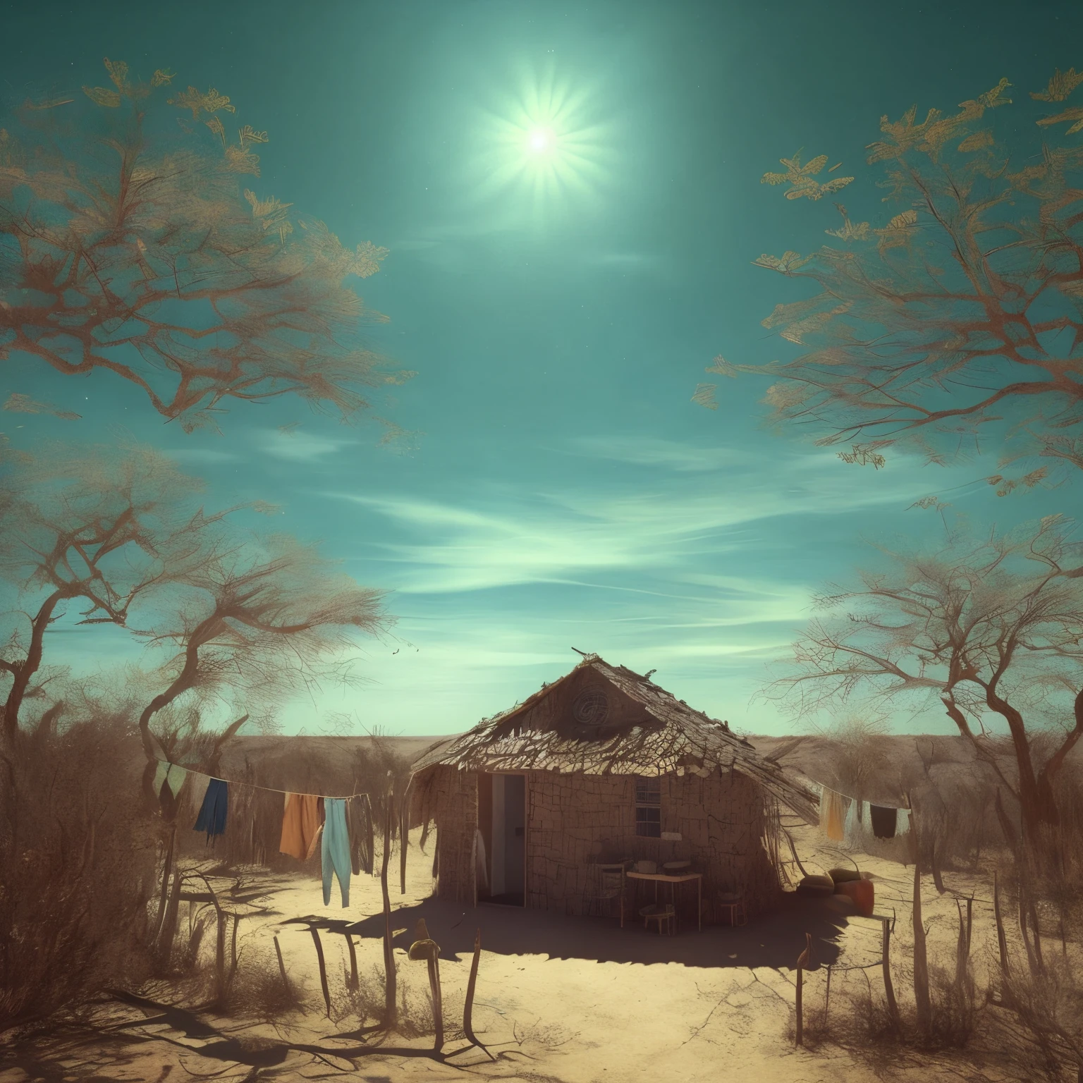 there is a small little hut in the background with clothes hanging out to dry, cena surreal, plowed area with dry land, barren dry land, seca, paisagem seca, deserto seco, barren landscape, leito seco do lago rachado, barren desert landscape, arid ecosystem, terra rachada, Directed by: Artur Tarnowski, matte paintinatte painting”, Luz do Sol e Casas Extravagantes, Directed by: Mike Winkelmann, Directed by: Pablo Munoz Gomez, pintura fosca bonita, Estilo Alexander Jansson, lindo dia ensolarado, 3D render e pintura fosca, pintura fosca sonhadora, magic realism matte painting