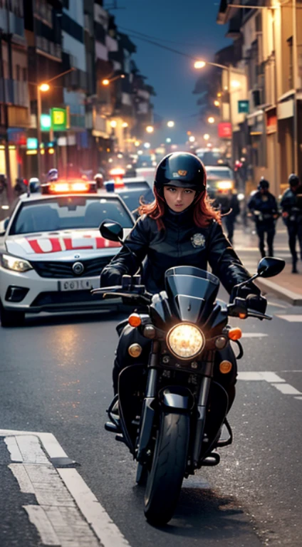 rua, noite, nevoeiro, police car, uma mulher ruiva de andando de moto, moto preta, batida entre carros, acidente, chuva,Cidade, frio, Policiais,