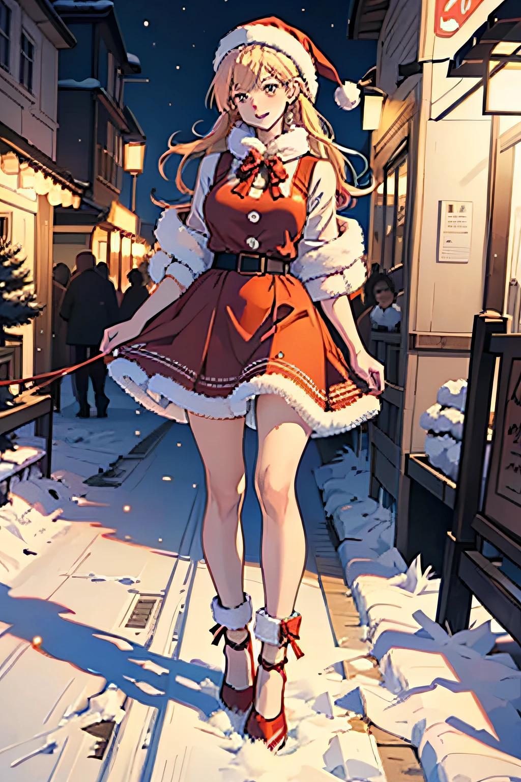"cute girl santa claus, Red shoes, Illustrations, Ultra-detailed, hightquality (Best Quality, 4K, 8K, hight resolution, masutepiece:1.2), Portrait, Vivid colors, Warm tones, Realistic (Photorealsitic:1.37), Festive atmosphere, jingle bell, Yuki, Cozy winter scene, Joyful expression, Playful posture, Winter wonderland, Soft lighting, dreamy ambiance"