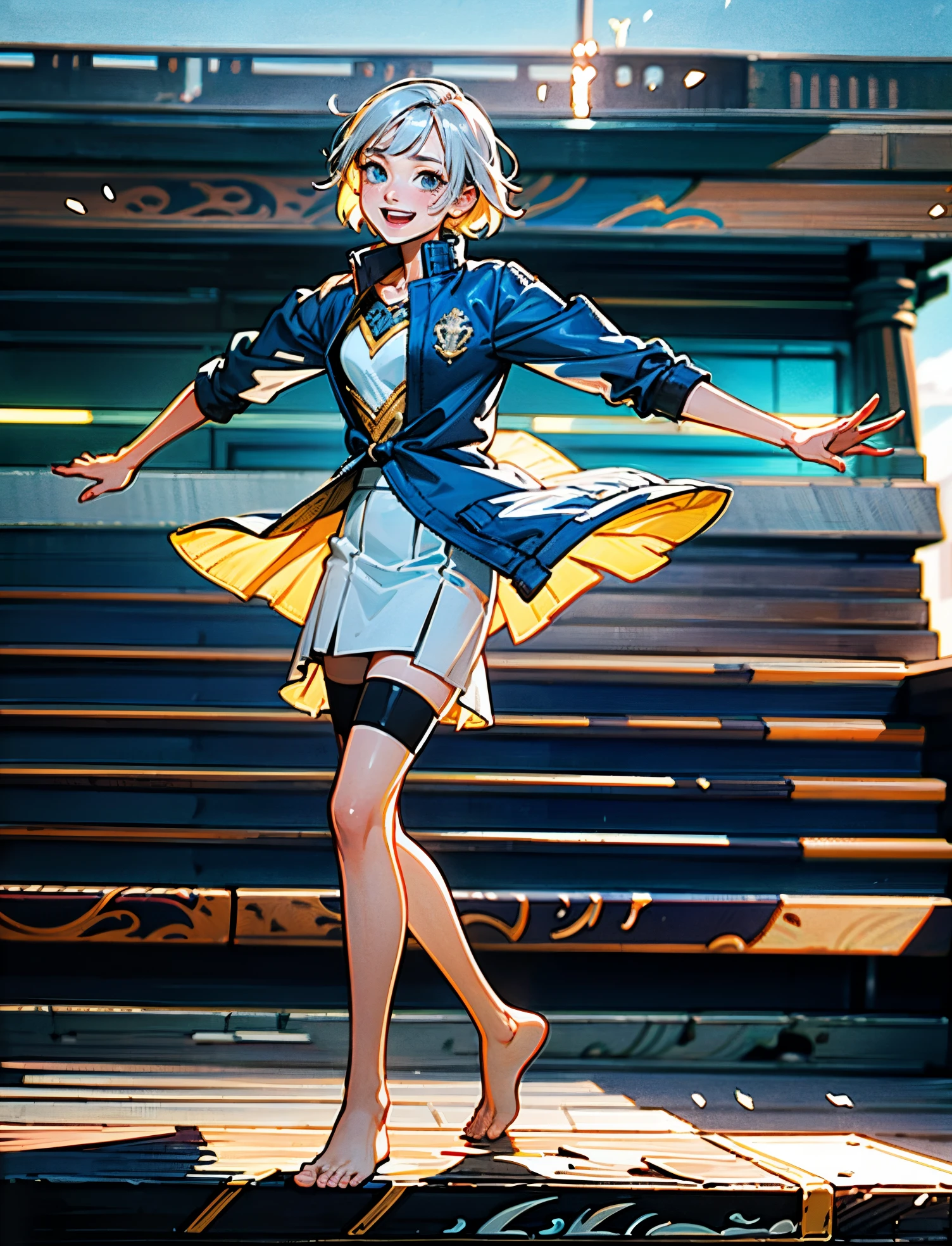 A girl with short gray hair, bright eyes, a cheerful smile, a joyful expression, a slender figure, a two-piece fantasy-realistic style jacket, short skirt that matching the outfit, barefoot, she happily leaps in front of a fantasy-style ancient ritual building, bright and soft color, this character embodies a finely crafted fantasy-realistic style girl in anime style, exquisite and mature manga art style, high definition, best quality, highres, ultra-detailed, ultra-fine painting, extremely delicate, professional, anatomically correct, symmetrical face, extremely detailed eyes and face, high quality eyes, creativity, RAW photo, UHD, 8k, Natural light, cinematic lighting, masterpiece-anatomy-perfect, masterpiece:1.5