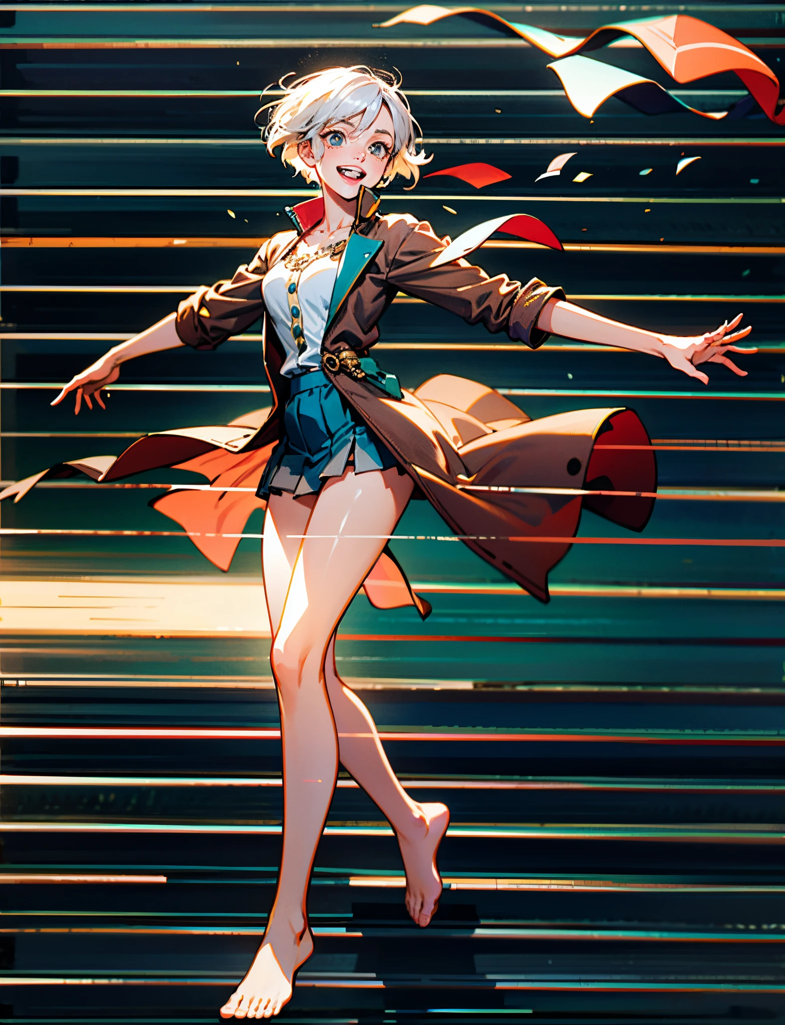 A girl with short gray hair, bright eyes, a cheerful smile, a joyful expression, a slender figure, a two-piece fantasy-realistic style jacket, short skirt that matching the outfit, barefoot, she happily leaps in front of a fantasy-style ancient ritual building, bright and soft color, this character embodies a finely crafted fantasy-realistic style girl in anime style, exquisite and mature manga art style, high definition, best quality, highres, ultra-detailed, ultra-fine painting, extremely delicate, professional, anatomically correct, symmetrical face, extremely detailed eyes and face, high quality eyes, creativity, RAW photo, UHD, 8k, Natural light, cinematic lighting, masterpiece-anatomy-perfect, masterpiece:1.5