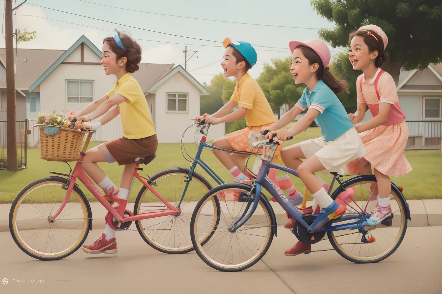 Setting: Daytime Bicycle Race in a Quirky Suburban Neighborhood.
*Description: A group of children, diverse in race and appearance, pedals colorful bicycles with whimsical accessories. Their freckled faces show pure joy as they navigate through the neighborhood streets, capturing the eccentric charm of a Wes Anderson bike race.