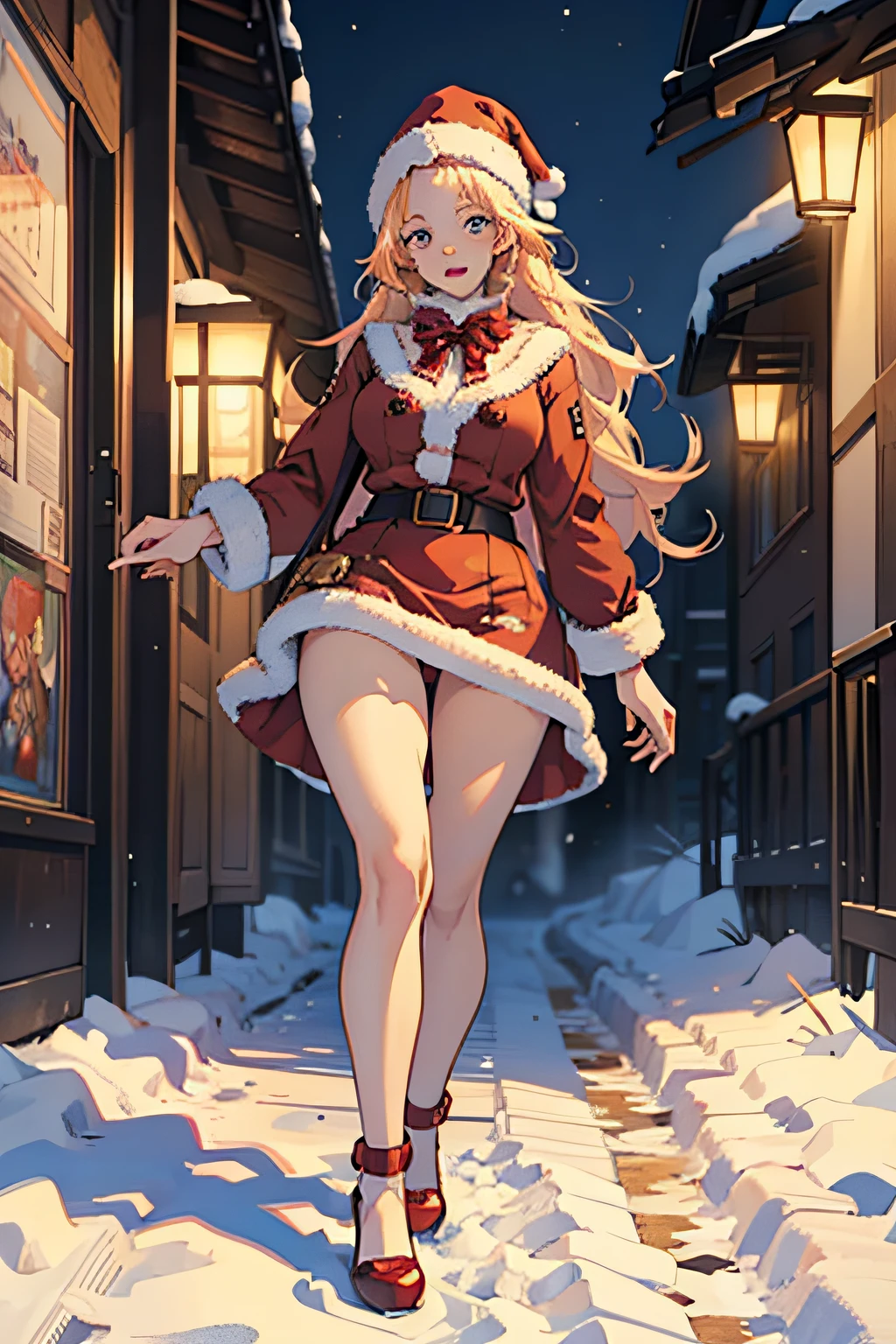 "cute girl santa claus, Red shoes, Illustrations, Ultra-detailed, hightquality (Best Quality, 4K, 8K, hight resolution, masutepiece:1.2), Portrait, Vivid colors, Warm tones, Realistic (Photorealsitic:1.37), Festive atmosphere, jingle bell, Yuki, Cozy winter scene, Joyful expression, Playful posture, Winter wonderland, Soft lighting, dreamy ambiance"