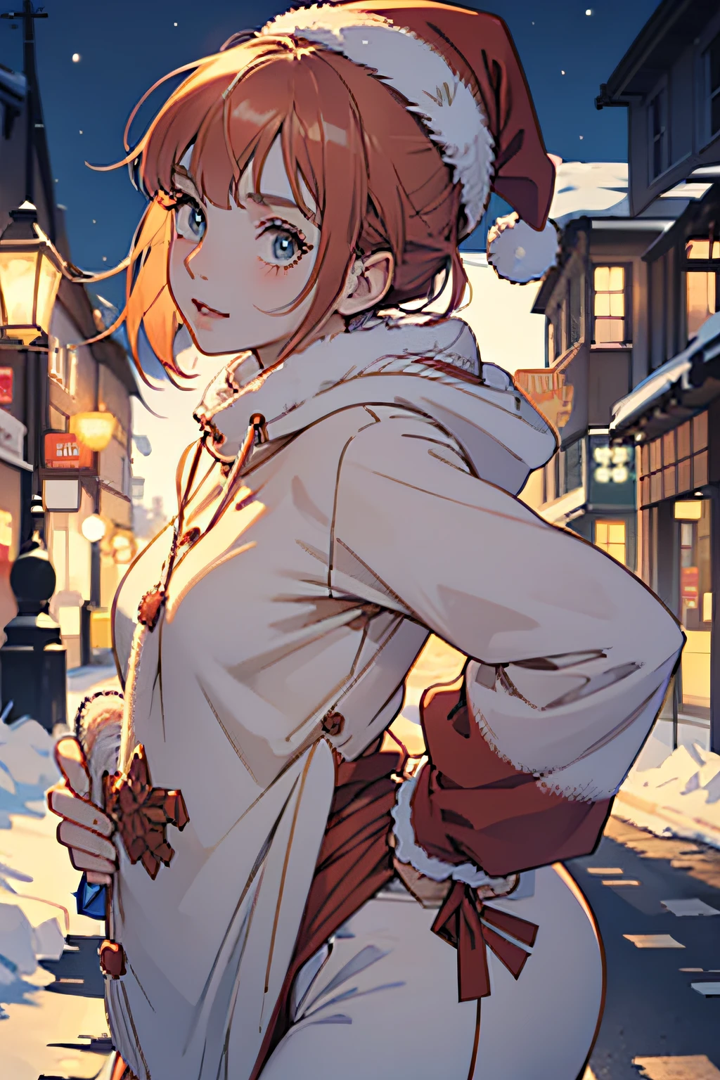 "cute girl santa claus, Red shoes, Illustrations, Ultra-detailed, hightquality (Best Quality, 4K, 8K, hight resolution, masutepiece:1.2), Portrait, Vivid colors, Warm tones, Realistic (Photorealsitic:1.37), Festive atmosphere, jingle bell, Yuki, Cozy winter scene, Joyful expression, Playful posture, Winter wonderland, Soft lighting, dreamy ambiance"