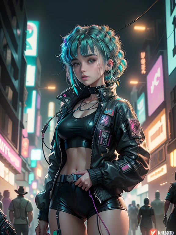 ((extremely delicate and beautiful cybernetic girl)), ((highly detailed face)), ((mechanical limb, mechanical vertebrae)), ((mechanical cervical attaching to neck)), (wires and cables attaching to neck:1.2), ((mass of wires and cables on head)), ((wearing colorful Harajuku tech jacket with logoacing camera pose)), ((cowboy shot)), (masterpiece), (((best quality))), ((ultra-detailed)), (highly detailed photorealistic CG illustration), cinematic lighting, science fiction, extremely detailed,colorful,highest detail, (((cyberpunk city background, (Blade Runner), Harajuku district)))