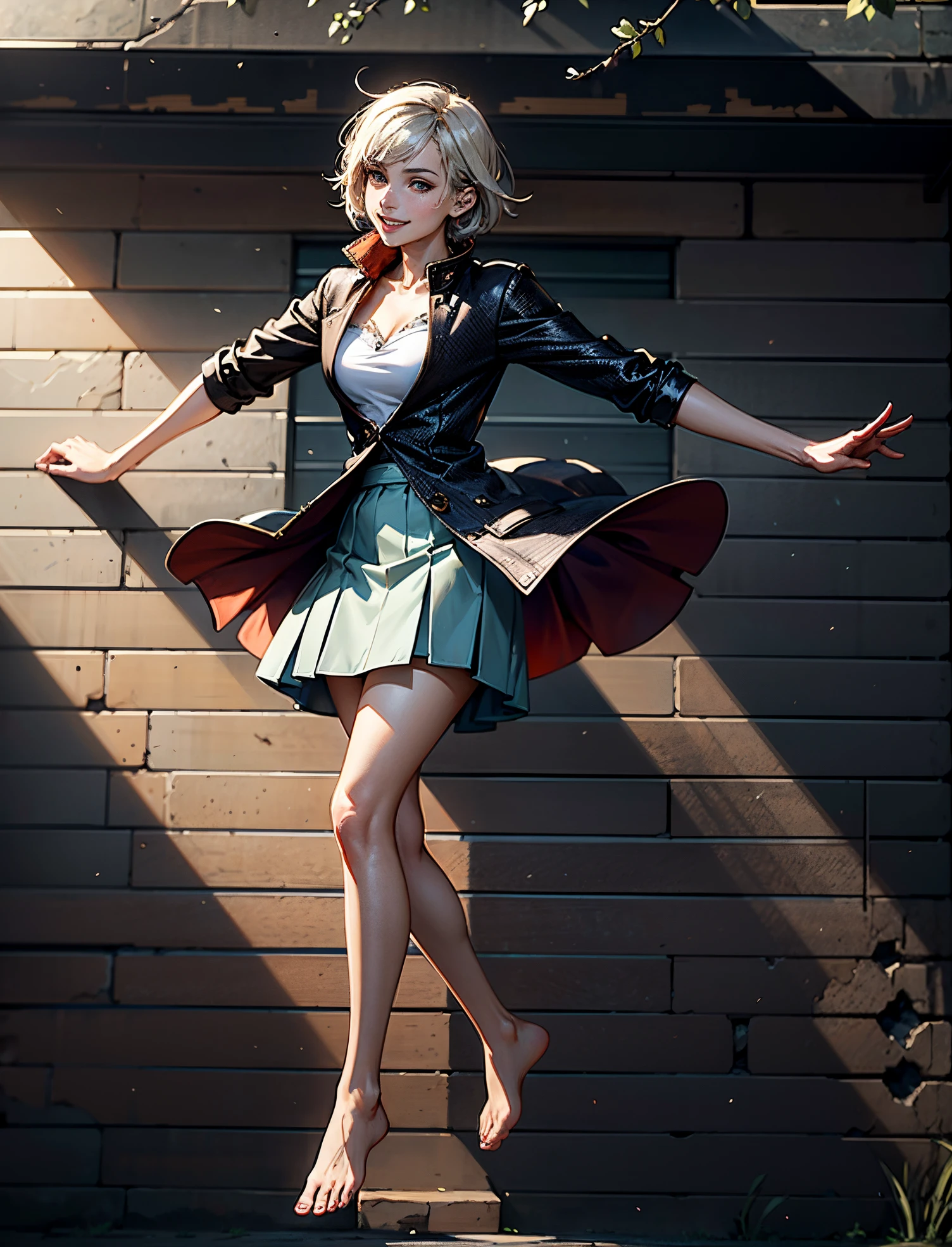 A girl with short gray hair, bright eyes, a cheerful smile, a joyful expression, a slender figure, a two-piece fantasy-realistic style jacket, short skirt that matching the outfit, barefoot, she happily leaps in front of a fantasy-style ancient ritual building, bright and soft color, this character embodies a finely crafted fantasy-realistic style girl in anime style, exquisite and mature manga art style, high definition, best quality, highres, ultra-detailed, ultra-fine painting, extremely delicate, professional, anatomically correct, symmetrical face, extremely detailed eyes and face, high quality eyes, creativity, RAW photo, UHD, 8k, Natural light, cinematic lighting, masterpiece-anatomy-perfect, masterpiece:1.5