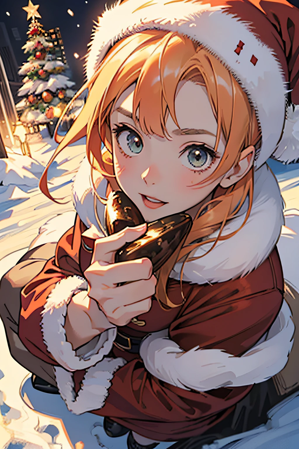 "cute girl santa claus, Red shoes, Illustrations, Ultra-detailed, hightquality (Best Quality, 4K, 8K, hight resolution, masutepiece:1.2), Portrait, Vivid colors, Warm tones, Realistic (Photorealsitic:1.37), Festive atmosphere, jingle bell, Yuki, Cozy winter scene, Joyful expression, Playful posture, Winter wonderland, Soft lighting, dreamy ambiance"