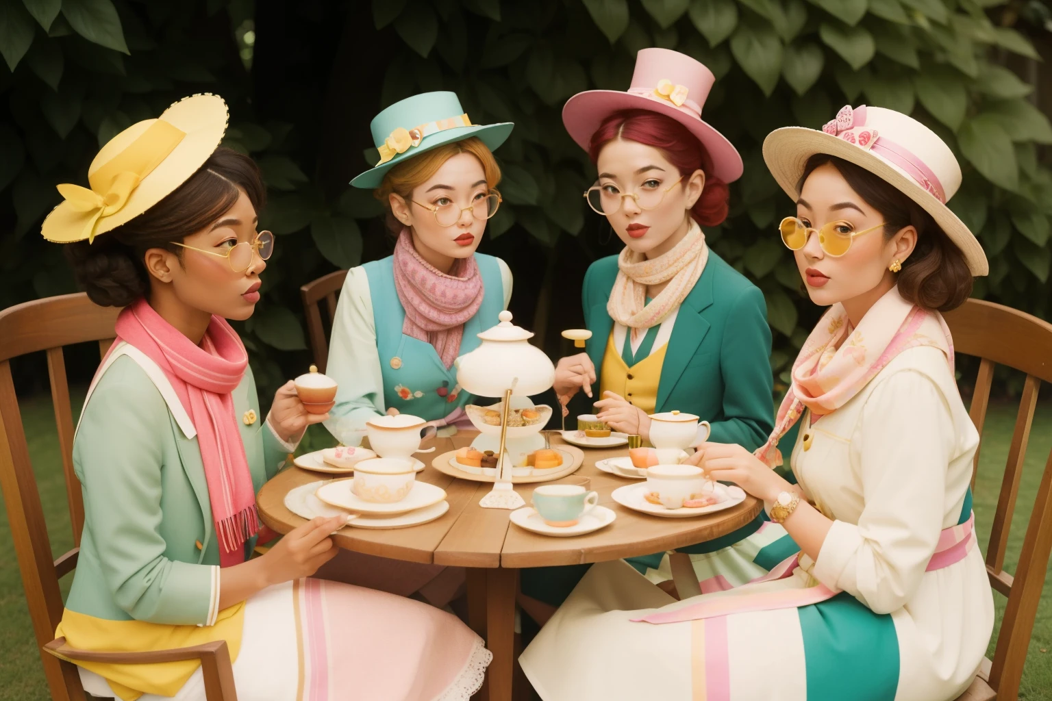 Setting: Daytime Eccentric Tea Party in a Garden.
*Description: A diverse group of friends, wearing quirky hats and stylish outfits, sits around a mismatched table laden with tea and pastries. Each character has unique accessories like glasses or scarves, adding to the eccentricity of a Wes Anderson garden tea party.