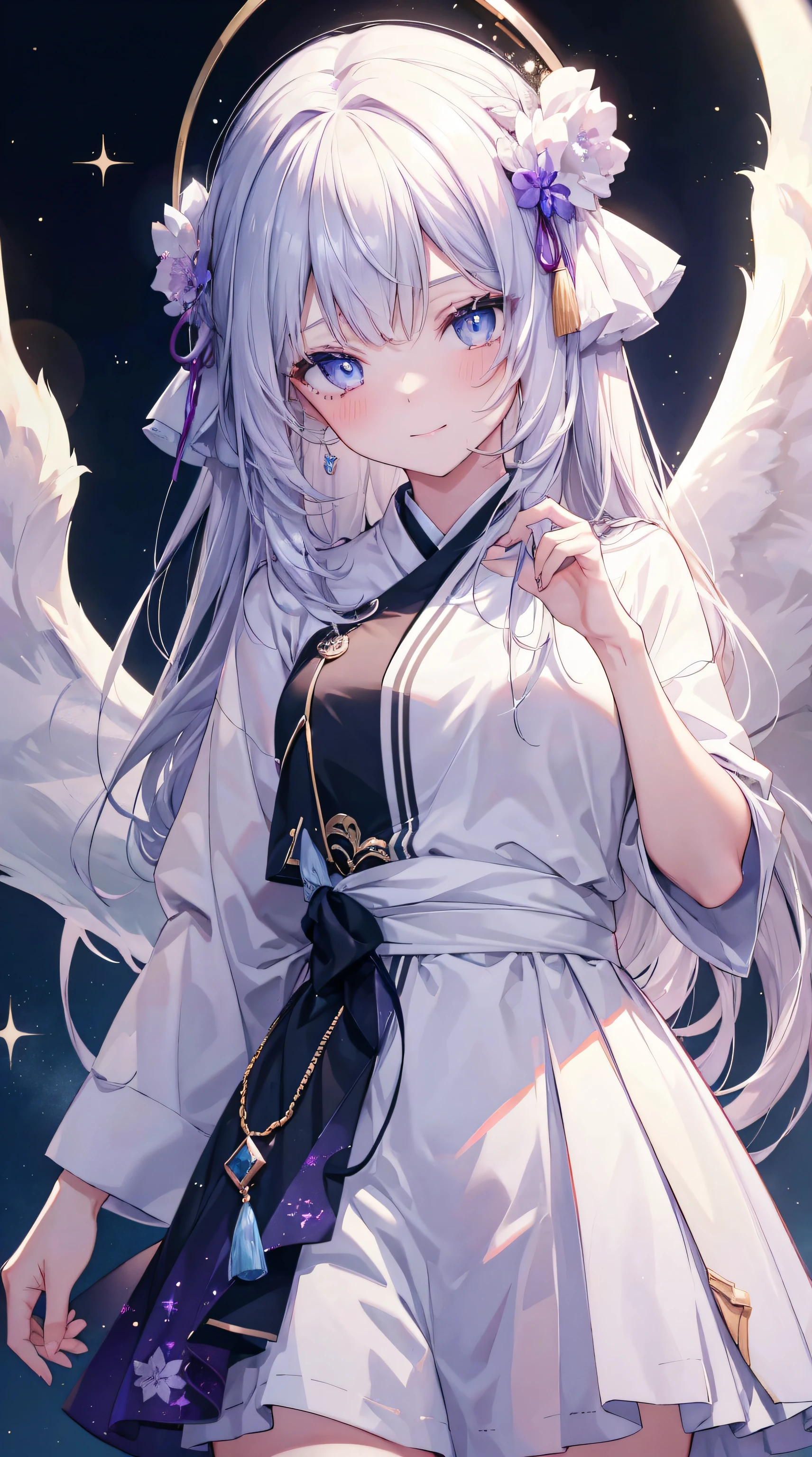 2 filles, cheveux longs bas, cheveux blancs ou noirs, yeux scintillants details, yeux violets ou bleus, Kitsune,  halo, 3 paires d&#39;ailes d&#39;ange, taupe sous les yeux, yeux creux, sourire, Embarrassed, sourire nerveux, Anime, Flou de mouvement, scintiller, reflection light, grain du film, first-person view, Masterpiece, UHD, anatomiquement correct, textured skin, super detail, High Details, High quality, award winning, Best quality, high resolucion, 16k, Sparks