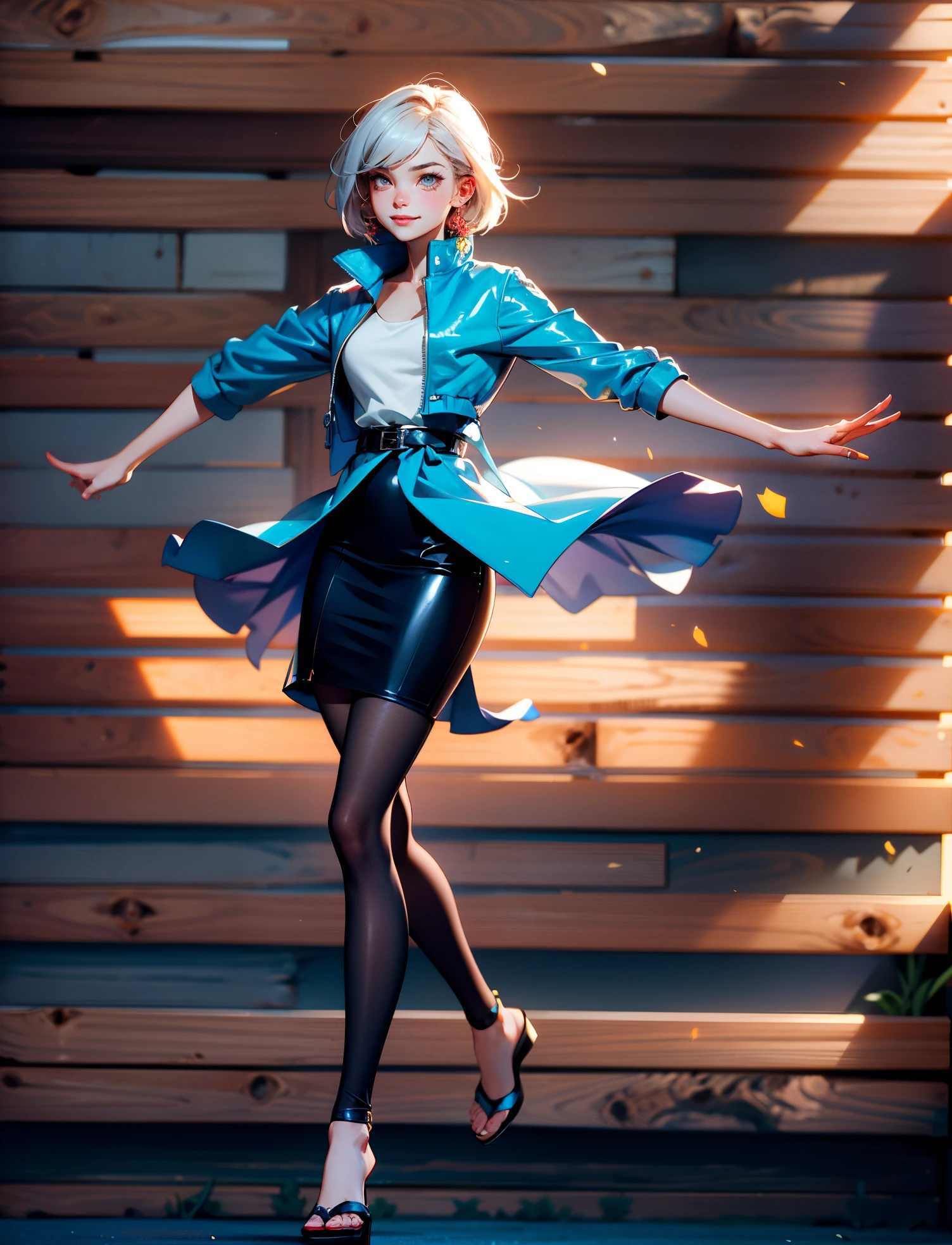 A girl with short gray hair, bright eyes, a cheerful smile, a joyful expression, a slender figure, a two-piece fantasy-realistic style jacket, short skirt that matching the outfit, barefoot, she happily leaps in front of a fantasy-style ancient ritual building, bright and soft color, this character embodies a finely crafted fantasy-realistic style girl in anime style, exquisite and mature manga art style, high definition, best quality, highres, ultra-detailed, ultra-fine painting, extremely delicate, professional, anatomically correct, symmetrical face, extremely detailed eyes and face, high quality eyes, creativity, RAW photo, UHD, 8k, Natural light, cinematic lighting, masterpiece-anatomy-perfect, masterpiece:1.5