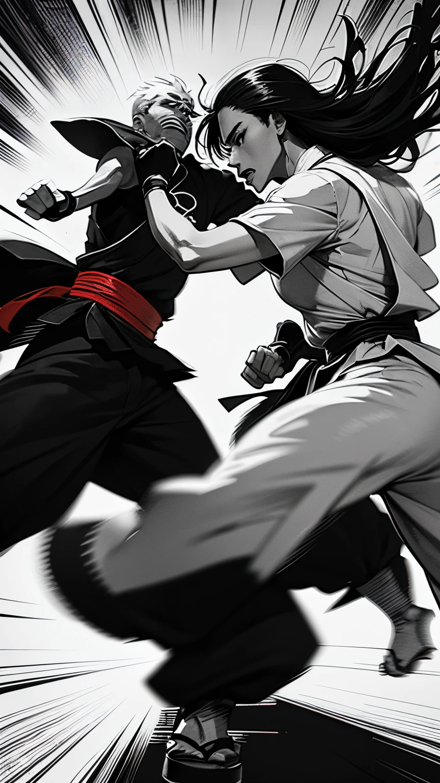 Comic illustration ,japan comic style,black white,yogyakarta warior silat fight with old warior silat,image of double punches, speed, blur, dynamic fighting movements