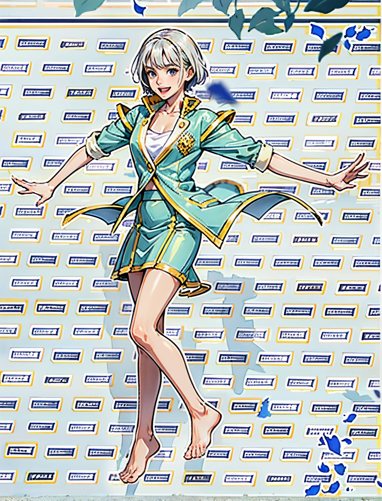 A girl with short gray hair, bright eyes, a cheerful smile, a joyful expression, a slender figure, a two-piece fantasy-realistic style jacket, short skirt that matching the outfit, barefoot, she happily leaps in front of a fantasy-style ancient ritual building, bright and soft color, this character embodies a finely crafted fantasy-realistic style girl in anime style, exquisite and mature manga art style, high definition, best quality, highres, ultra-detailed, ultra-fine painting, extremely delicate, professional, anatomically correct, symmetrical face, extremely detailed eyes and face, high quality eyes, creativity, RAW photo, UHD, 8k, Natural light, cinematic lighting, masterpiece-anatomy-perfect, masterpiece:1.5