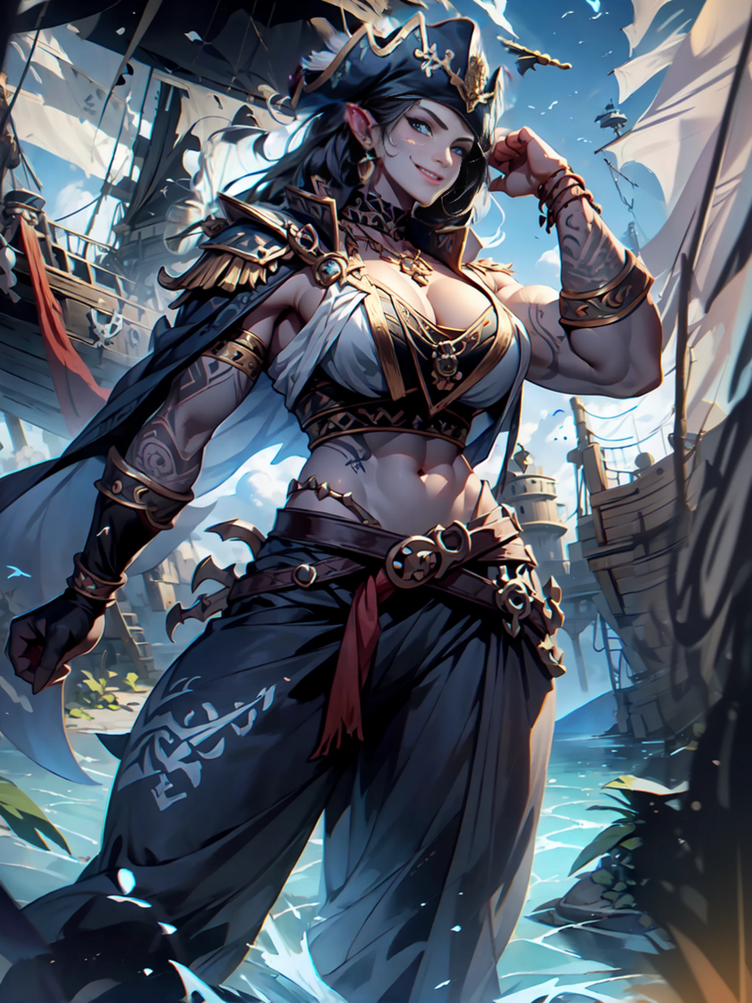 adult female goliath, giant , Tall , giant , fantasy , Gray skin , Light gray skin , bright gray skin , dark-brown hair , Blue Eyes , Smiles , arm up , barbarian , Gray skin , white pirate hat , Long white pirate robe , pirate underwear , white pirate pants , Barbarian&#39;s White Gloves , body portrait , white fur shoulder armor , Red tribal tattoo on face , red tribal tattoo , native american theme, sunrise , day , Standing on a pirate ship in the sea , pirate