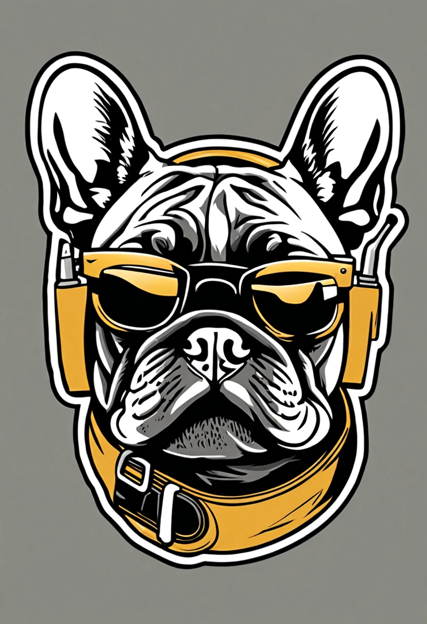 Pacth style art sticker for cap print with French Bulldog head with hip hop theme  , image centered 1 centimeter from the edges, medium gray color background