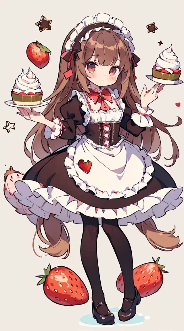 Standing Picture、full bodyesbian、One girl、cute little、masterpiece, top-quality、Top image quality, cafe background, **** in dress, cafe waitress, miuna, slender, (brown hair:1.3), medium breasts, (long hair:1.2), full body, (round face:1.4),  cute face, (round chin:1.4), (glossy lips:1.2), sparkling detailed glass big eyes long eye lashes, looking at viewer, jrkjs, detailed five fingers on each hand, 2 hands, 2 feet, knee white lace stocking thighhighs beatiful legs, cute brown heels bear open toe shoes, jirai kei,Smile, BREAK, detailed ((gothic ****ta janska:1.5)), (Wain reddo sculpted whipped cream strawberry dress with pastel color lace decoration), jewelry decorated waitress dress, striped pink white pretty dress, ((waitress in a gorgeous rococo ball gown decorated with beautiful embroidery and jewels, with a voluminous full-length hoop skirt with ruffles)), ((crinoline)), (sparkle) of the anime girl, standing in a dynamic pose, kawaii strawberry accessories and golden chain suspends under dress with star moon, detailed cute cream color fluffy bear face purse side of her waste, soft warm inviting,cafe striped pastel pink and white decor,  cafe table bread coffee cup, illustration in the style of @ekureea on X twitter, ****ta glam, art by @hareroom1 on Twitter, beautiful line art, manga, manga style, manga art style, pencil and ink caricature drawing, flat colours, detailed, attention to detail, sharp focus, black background, 8k, best quality