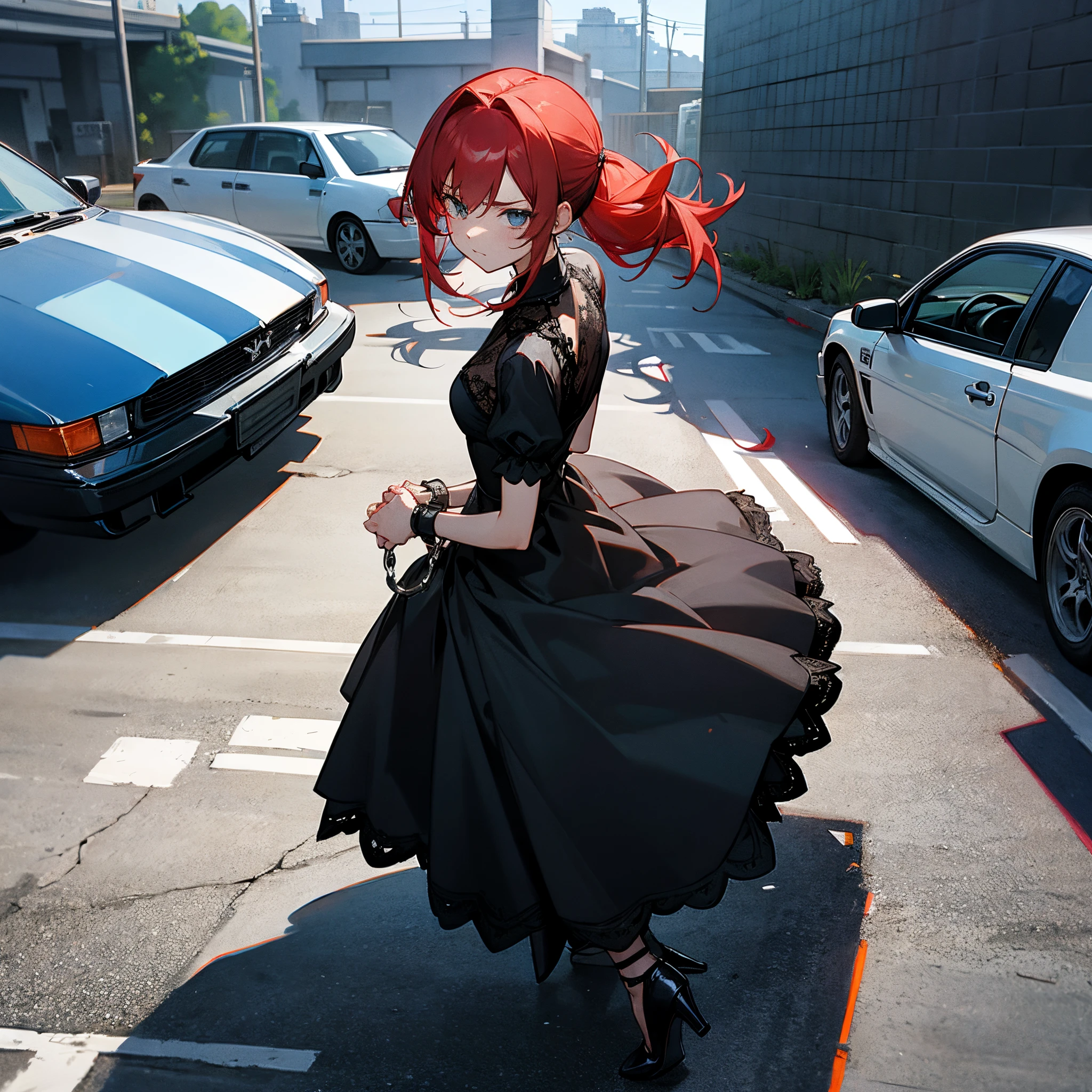 Red-haired Girl with two ponytails in a black lace micro-dress with a deep neckline, wear lace stockings and high heels, I’m standing next to a white car with my back to the observer., remand, handcuffed, full scene shot, in front of a garage, the anime, full scene, restrained, angry and helpless, on a parking lot, Submissive, Detained, Shackled, tied, Hands Behind Your Back, Bondage, criminal, give up, prisoner, Captive, arms tied, Hands in handcuffs, handcuffs on the hands, circuits, arrest, caught, captured, motionless, handcuffs on wrists, wrists behind back, chained behind my back, tied behind my back