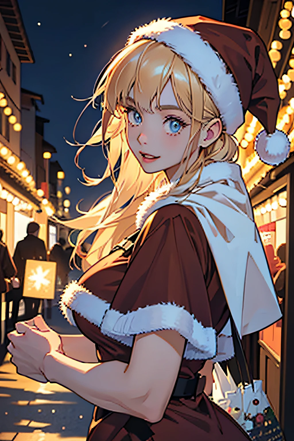 (((Santa Claus Costume))),(((Looking at Viewer:1.5))),(((Shoot a girl from the side))),ulzzang -6500-v1.1, (Raw photo:1.2), (photographrealistic:1.4), a beautiful detailed girl, extremely detailed eye and face, Beautiful detailed eyes, Ultra-detailed, High resolution, top-quality, masterpiece, Highly detailed, 8K Wallpaper, Wonderful, finely detail, top-quality, Light on the Face,电影灯光,1girl in,(Christmas market in Stuttgart),Beautiful eyes,Smile,Opening Mouth