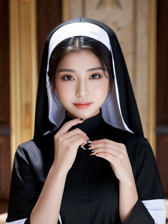 A beautiful and really hot nun wearing black nun robes, perfect face, perfect body