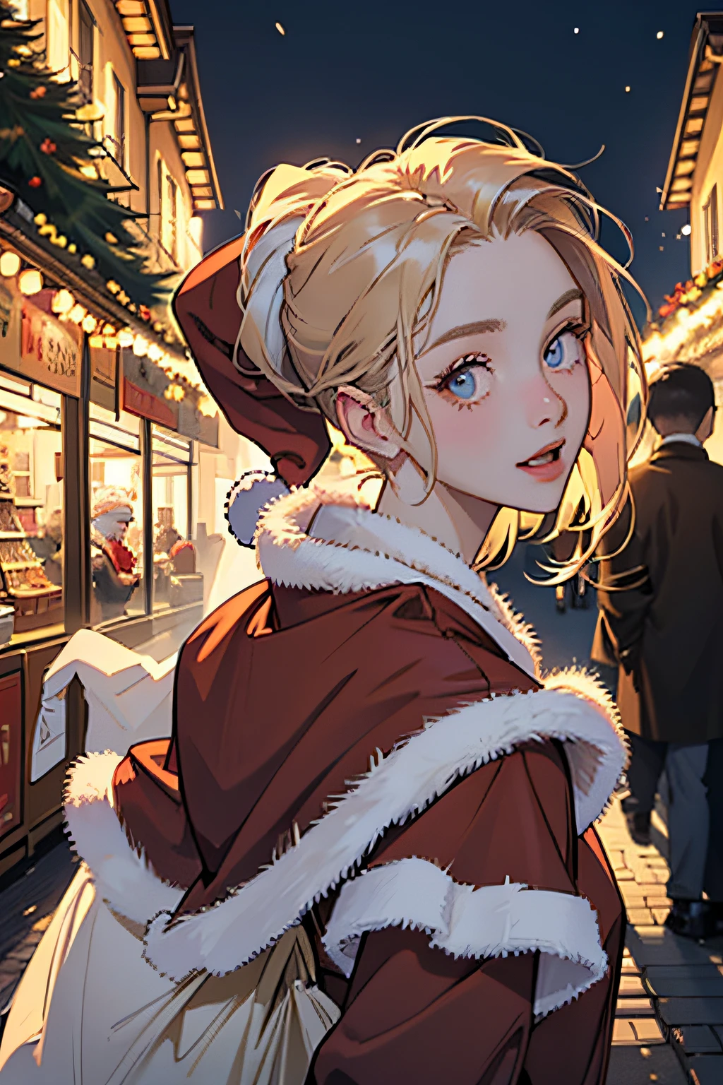 (((Santa Claus Costume))),(((Looking at Viewer:1.5))),(((Shoot a girl from the side))),ulzzang -6500-v1.1, (Raw photo:1.2), (photographrealistic:1.4), a beautiful detailed girl, extremely detailed eye and face, Beautiful detailed eyes, Ultra-detailed, High resolution, top-quality, masterpiece, Highly detailed, 8K Wallpaper, Wonderful, finely detail, top-quality, Light on the Face,电影灯光,1girl in,(Christmas market in Stuttgart),Beautiful eyes,Smile,Opening Mouth