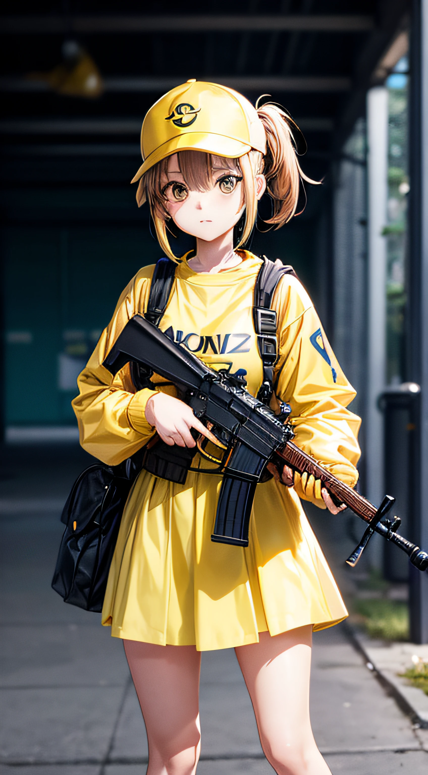 {an anime style girl with ak77 in hand with yellow clothes and pikachu style cap}, {simple blurry background}