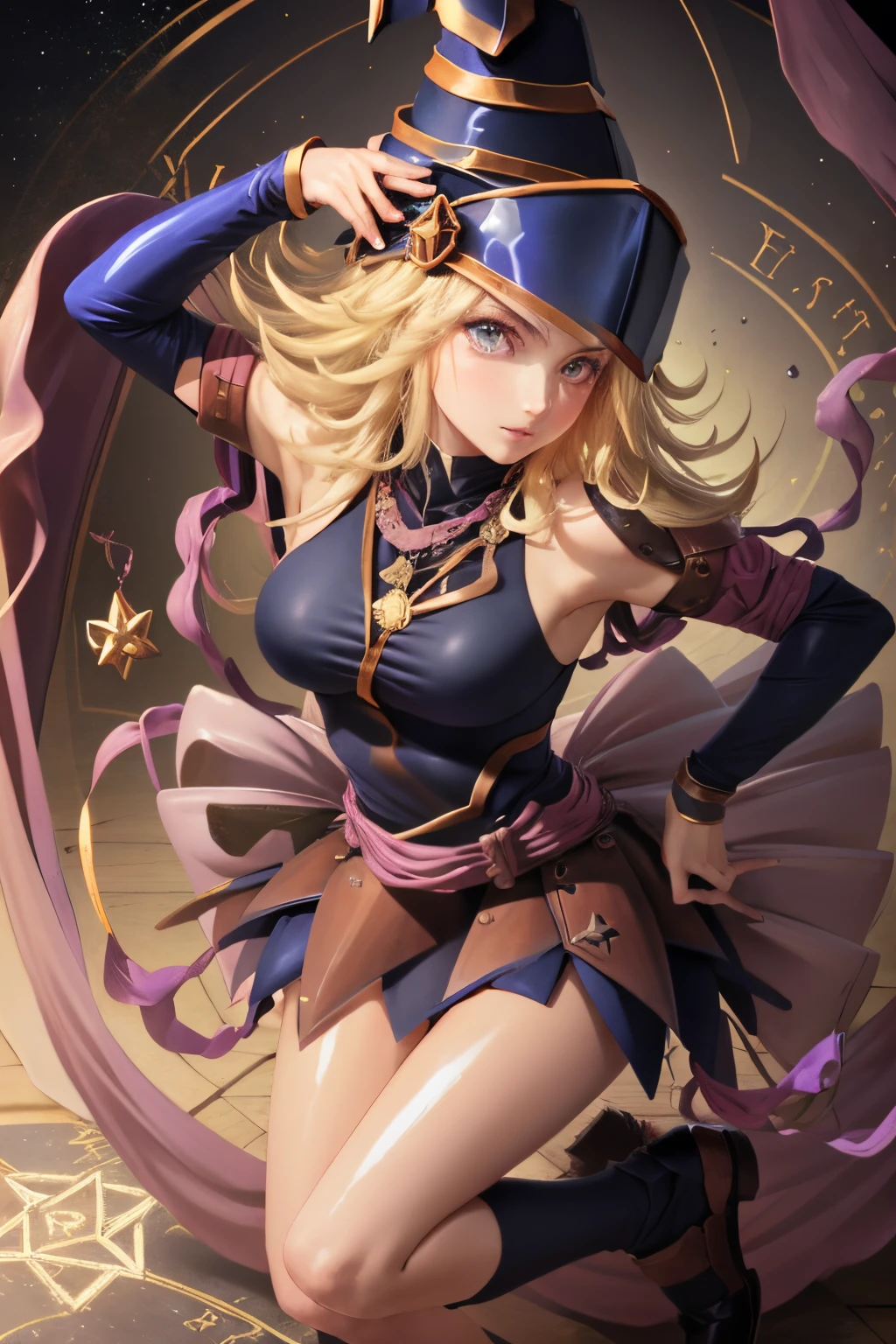 ultra-detailed, extremely detailed, masterpiece, highest quality, best quality, absurdres, highres, dark magician girl, (1girl:1.2), solo, detailed face, dynamic pose, hair flow, (full body:1.1),  blonde hair, long hair, looking at viewer, green eyes, skindentation, detailed skin, skin pores, (shiny skin, glossy skin:1.1), rosy skin details, breasts, nail polish, skirt, blue footwear, blue headwear, wizard hat, wand, holding hat, (blue panties:0.9), (summoning circle:1.1), hexagram, pentacle, pentagram, yu-gi-oh!, duel monster, purple magic field, glow, detailed background, intricate background,