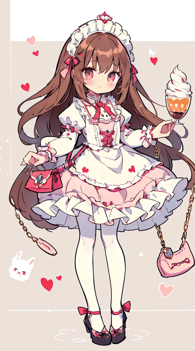 Standing Picture、full bodyesbian、One girl、cute little、masterpiece, top-quality、Top image quality, cafe background, loli in dress, cafe waitress, miuna, slender, (brown hair:1.3), medium breasts, (long hair:1.2), full body, (round face:1.4),  cute face, (round chin:1.4), (glossy lips:1.2), sparkling detailed glass big eyes long eye lashes, looking at viewer, jrkjs, detailed five fingers on each hand, 2 hands, 2 feet, knee white lace stocking thighhighs beatiful legs, cute brown heels bear open toe shoes, jirai kei,Smile, BREAK, detailed ((gothic lolita janska:1.5)), (Wain reddo sculpted whipped cream strawberry dress with pastel color lace decoration), jewelry decorated waitress dress, striped pink white pastel colors ((waitress in a gorgeous rococo ball gown decorated with beautiful  striped pink white embroidery and jewels, with a voluminous full-length hoop skirt with ruffles)), ((crinoline)), (sparkle) of the anime girl, standing in a dynamic pose, detailed cute kawaii strawberry accessories and golden chain suspends under dress with star moon, ((detailed cute cream color fluffy bear face purse at side of her waste)), soft warm inviting,cafe striped pastel pink and white decor,  cafe table bread coffee cup, illustration in the style of @ekureea on X twitter, Lolita glam, art by @hareroom1 on Twitter, beautiful line art, manga, manga style, manga art style, pencil and ink caricature drawing, flat colours, detailed, attention to detail, sharp focus, black background, 8k, best quality