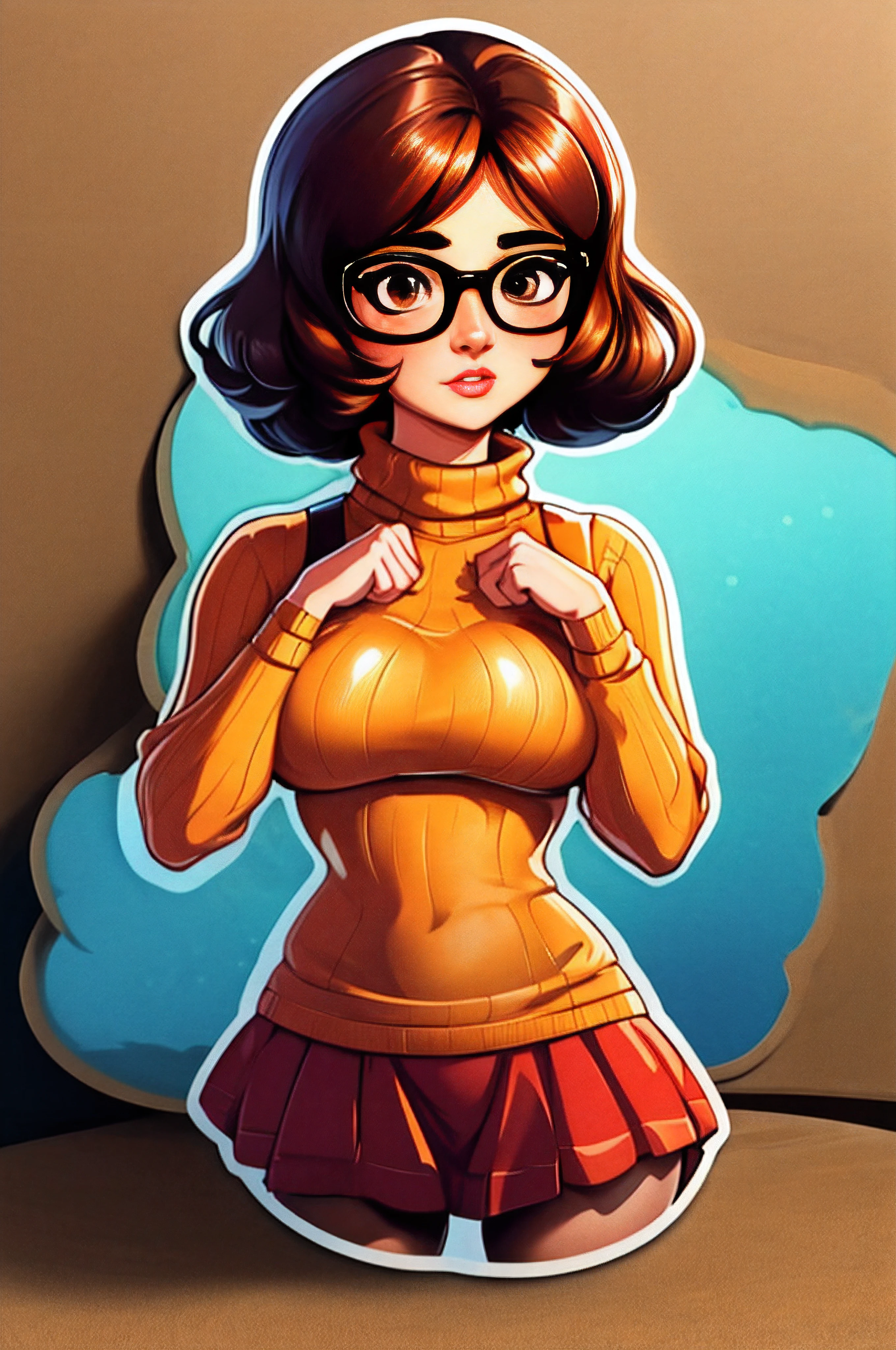 (masterpiece:1.2), (best quality), (ultra detailed), (8k, 4k, intricate),(full-body-shot:1), (highly detailed:1.2),(detailed face:1.2), (detailed background),detailed landscape, ((portrait)), (dynamic pose:1.2)  velma, 1girl, solo, breasts, looking at viewer, short hair, skirt, large breasts, brown hair, brown eyes, pantyhose, pleated skirt, glasses, sweater, turtleneck, ribbed sweater, turtleneck sweater, orange shirt, orange sweater,((upper body))