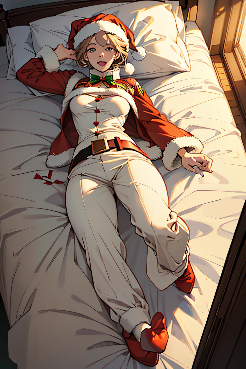 (((Santa Claus Costume))),(((Lie on your back)))(((Stretch your toes))),(((view full body))),(((Shooting from above))),ulzzang -6500-v1.1, (Raw photo:1.2), (photographrealistic:1.4), a beautiful detailed girl, extremely detailed eye and face, Beautiful detailed eyes, Ultra-detailed, High resolution, top-quality, masterpiece, Highly detailed, 8K Wallpaper, Wonderful, finely detail, top-quality, Light on the Face,电影灯光,1girl in,(Bedroom),Beautiful eyes,Smile,Opening Mouth