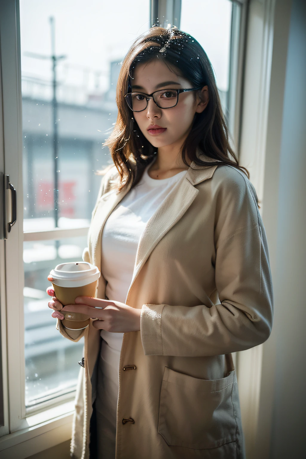 ((best qA very beautiful 25-year-old female doctor was standing in front of a window holding a cup of coffee. The female doctor has a square face and a pointed chin. Her hair falls on her shoulders and looks wavy. The female doctor wears glasses. The female doctor wears a white jute coat. A traditional Burmese shirt  worn under the coat. A stethoscope  placed in the outer pocket of the white coat. It  snowing outside the window. I want the image of the doctor to be displayed in 3D.uality)), ((masterpiece)), (detailed), perfect face