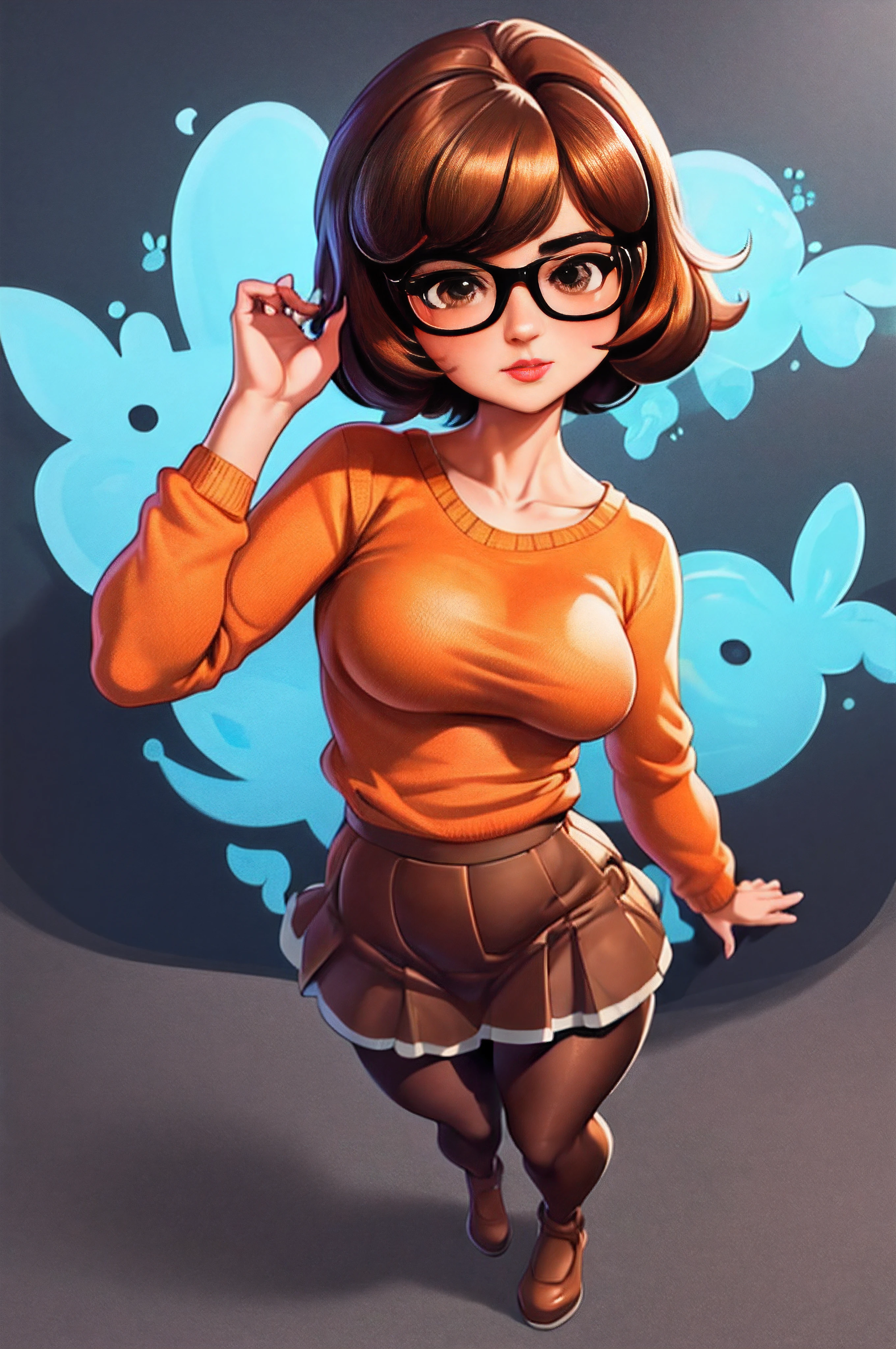 (masterpiece:1.2), (best quality), (ultra detailed), (8k, 4k, intricate),(full-body-shot:1), (highly detailed:1.2), (detailed face:1.2), ((portrait)), (dynamic pose:1.2)  Velma, 1girl, solo, bare breasts, looking at viewer, short hair, skirt, large breasts, brown hair, brown eyes, pantyhose, pleated skirt, glasses, pulling her sweater up, orange sweater exposed breasts, ((full body))