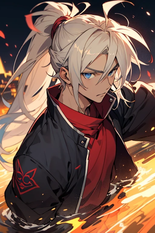 anime man akatsuki blue eyes and long golden hair, part of which he tied in a ponytail