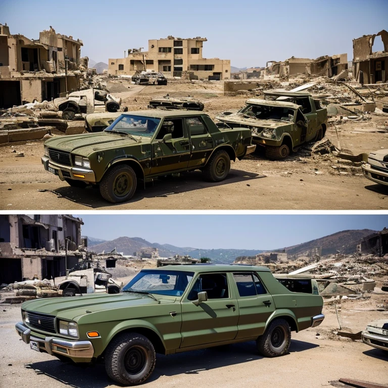 Photorealsitic、(A fusion of military vehicles and armed sports cars)、ruined and devastated city、