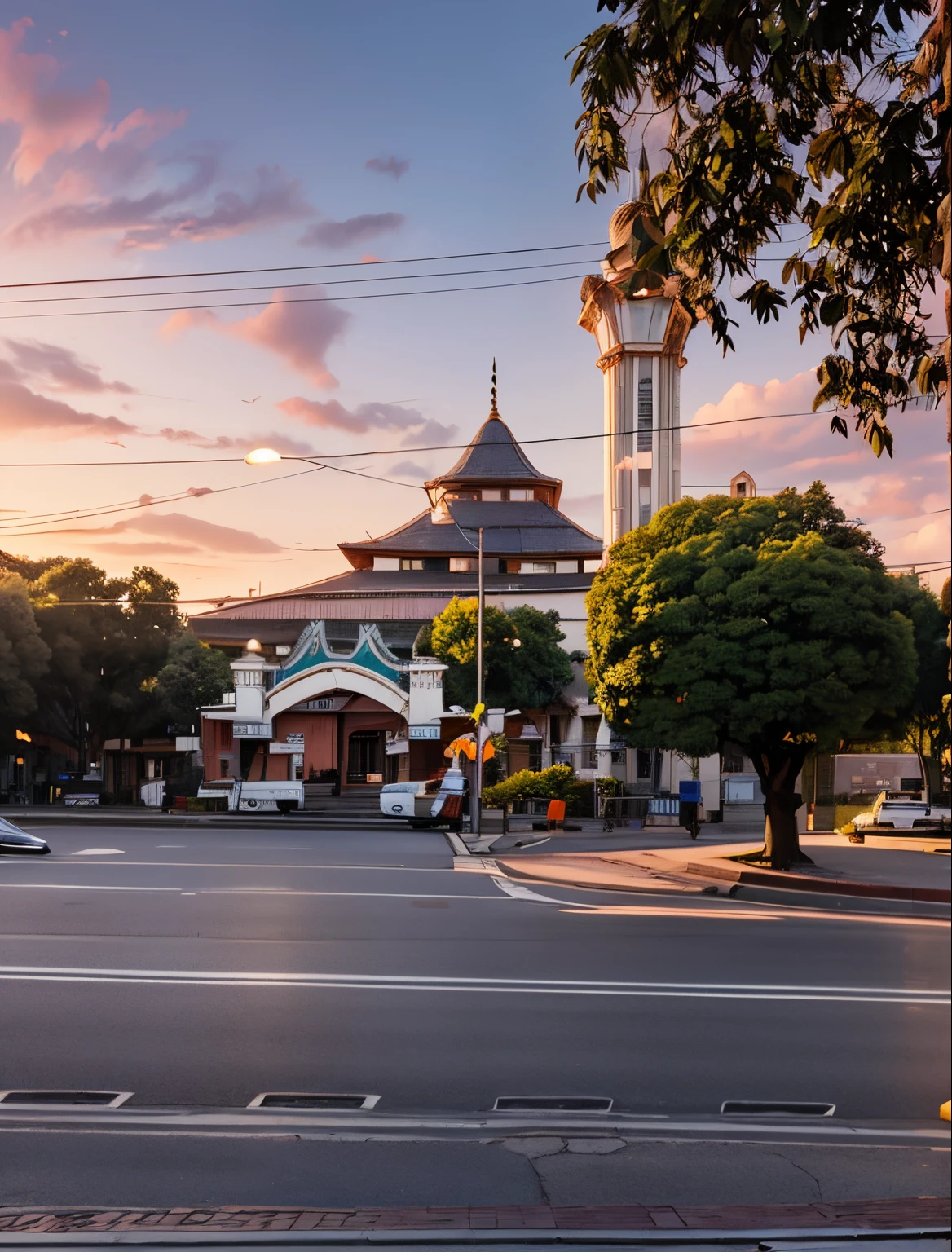 there a picture of a Mosque building, Mosques in Indonesia, with Tower and above it there a dome, Building with Javanese design,