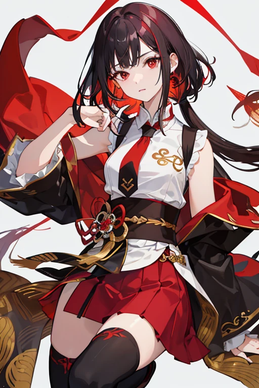 ((tmasterpiece:1.4,best qualtiy))++,(hyper-detailing)+,(best qualtiy,hyper-detailing,vivd colour,rich colourful,dynamic angle,hight contrast:1.2),A girl,Height 165cm,Red long-haired,Shawl hair,Chinesedress,Wearing black and red skirt(various shades of color,Decorated with gold patternlack in color,leg loops,火焰(symbol),obi strip((hyper-detailing)),red necktie,White shirt,cropped shoulderposed upper part of the chest,,Manteau,fenghuang(symbol),There are ear feathers behind the ears,耳Nipple Ring,National tide background,Black over-the-knee bootiery red eyes,Holding a red one in hand,domineering side leak,temperament,Draw the whole body,Fashionab,National tide background, with dynamism, garments, posing on a, frontage, rich colourful, dyna, Background with, element in, self-assured, Expressing the, statement, fittings, A majestic, coil, Runt, Scenes, Cover of a, boldness, attention-grabbing,Fashionab, typeface, Catchy, attention-grabbinodern day, Fashionab, focal, Fashionab,delicated face,exquisite facial features,National tide,full bodyesbian
