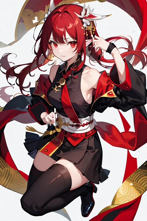((tmasterpiece:1.4,best qualtiy))++,(hyper-detailing)+,(best qualtiy,hyper-detailing,vivd colour,rich colourful,dynamic angle,hight contrast:1.2),A teenage girl,Height 165cm,Red long-haired,Shawl hair,Chinesedress,Wearing black and red skirt(various shades of color,Decorated with gold patternlack in color,leg loops,火焰(symbol),obi strip((hyper-detailing)),red necktie,White shirt,cropped shoulderposed upper part of the chest,,Manteau,fenghuang(symbol),There are ear feathers behind the ears,耳Nipple Ring,National tide background,Black over-the-knee bootiery red eyes,Holding a red one in hand,domineering side leak,temperament,Draw the whole body,Fashionab,National tide background, with dynamism, garments, posing on a, frontage, rich colourful, dyna, Background with, element in, self-assured, Expressing the, statement, fittings, A majestic, coil, Runt, Scenes, Cover of a, boldness, attention-grabbing,Fashionab, typeface, Catchy, attention-grabbinodern day, Fashionab, focal, Fashionab,delicated face,exquisite facial features,National tide,full bodyesbian