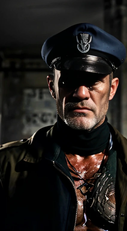 An old soldier with a stern face and a scar, resembling jason statham, from the front and up to the waist, on a plain background - The soldier  wearing a military uniform with badges and medals - The scar  on his right cheek, from his eye to his jaw - The background  a solid dark color - The soldier’s expression  serious and determined, aseyeballs looking at the camera; super delicate , ((Best Quality, 8k, Masterpiece)); ((Foto RAW)) He looks directly at the camera. He stands facing the camera